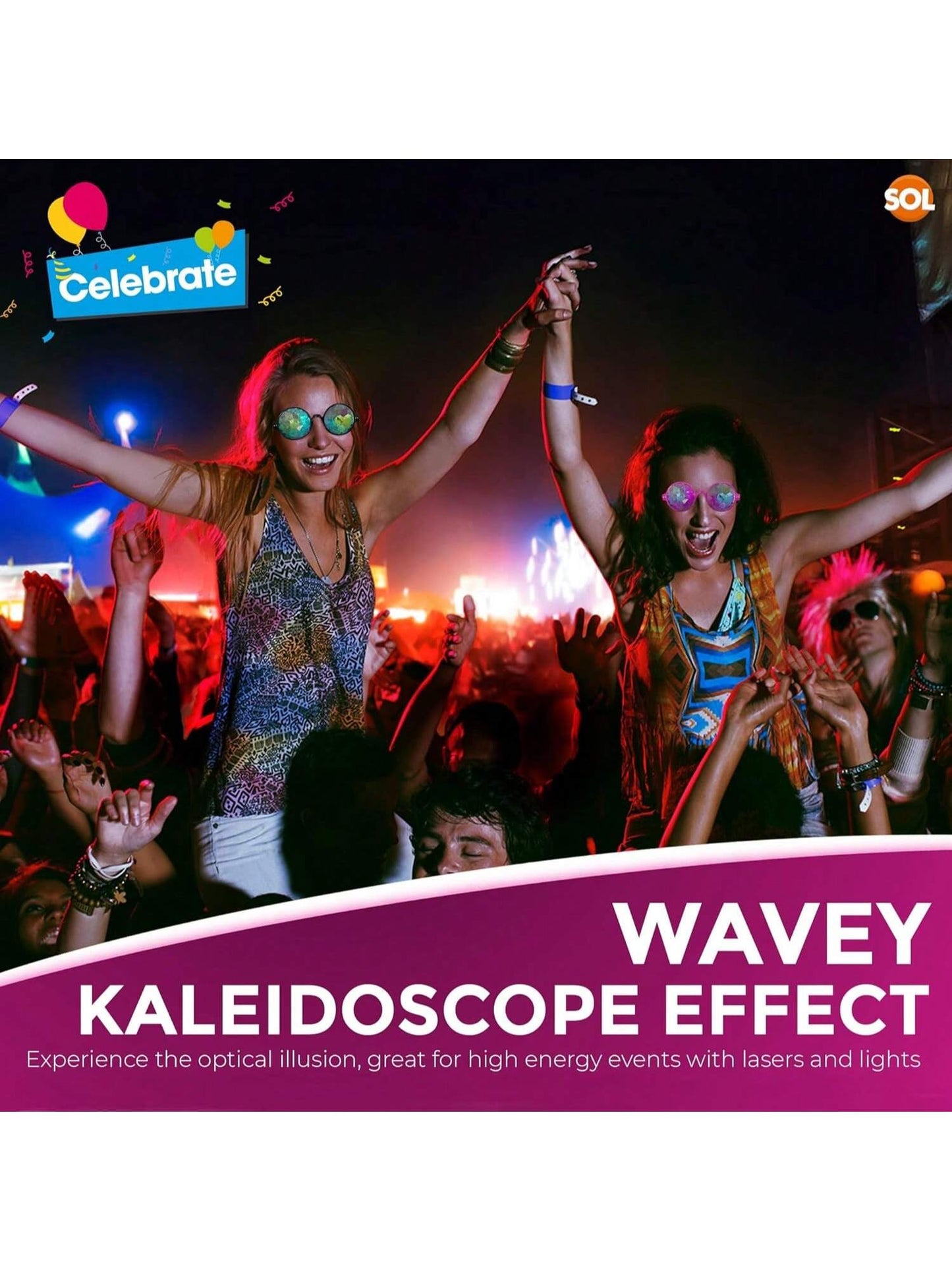 SOL 2pk Kaleidoscope Glasses For Rave Party Festivals. Durable Lenses For Funk Nights, Cosplay, Disco, Retro, Costumes, Light Shows, EDM, Carnivals & Street Events. Rainbow Prism Diffraction Goggles.