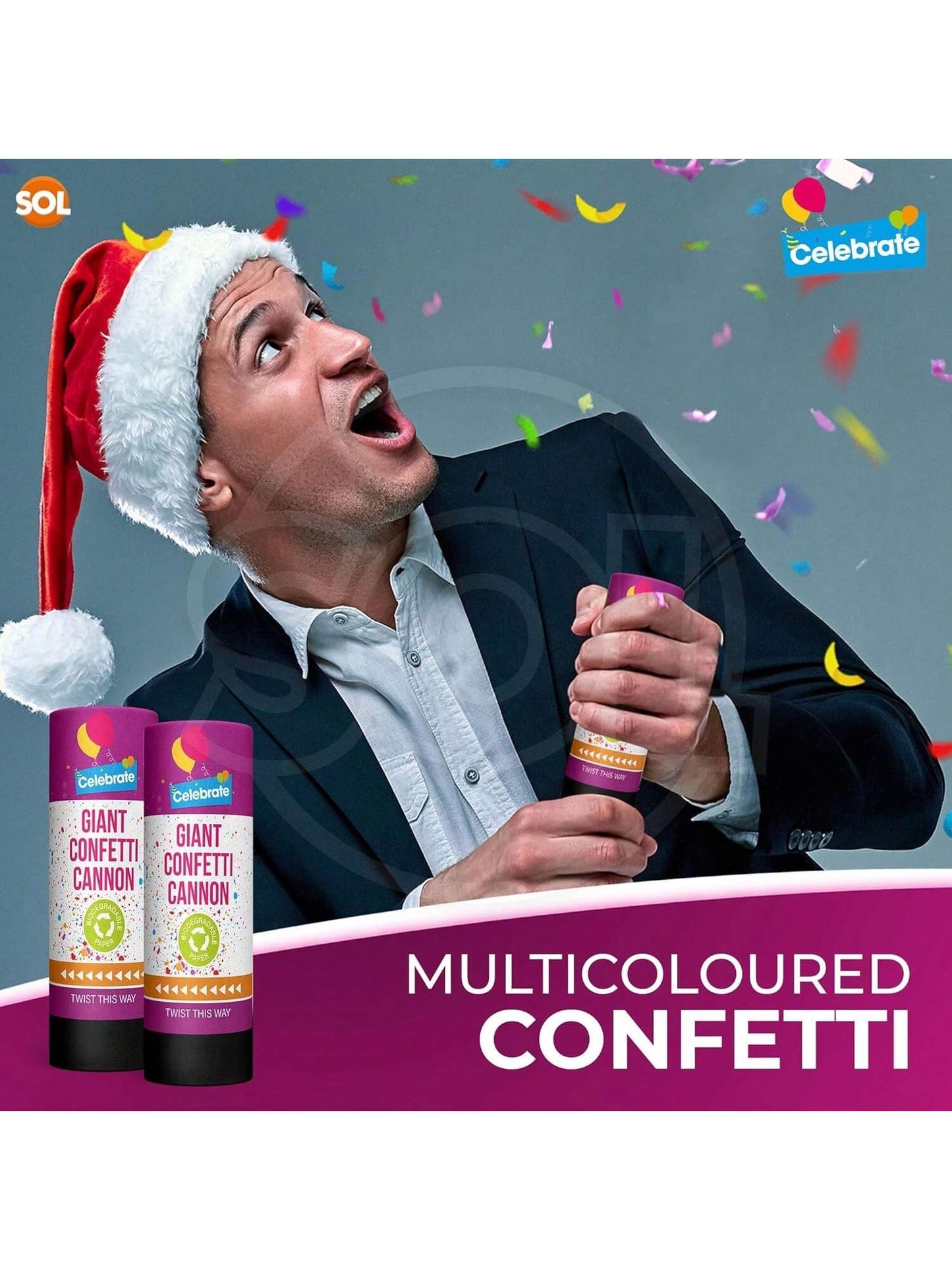 SOL 2pk Confetti Cannons Large - Giant Party Poppers Paper Cannon - Multicolour Papers Mix For Weddings, Birthdays, New Year's Eve, And Celebrations - Easy To Use, Perfect For Photos And Videos