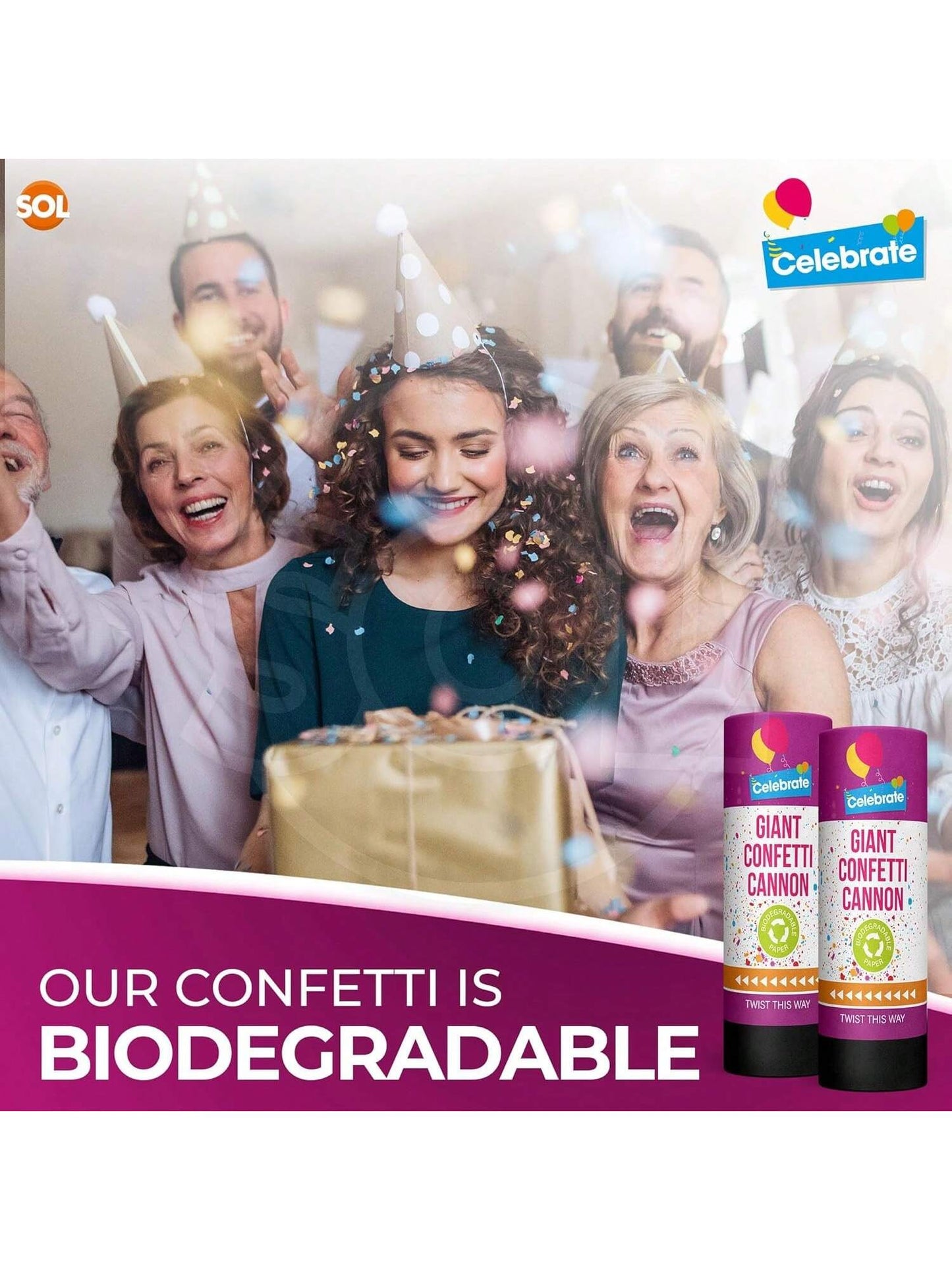 SOL 2pk Confetti Cannons Large - Giant Party Poppers Paper Cannon - Multicolour Papers Mix For Weddings, Birthdays, New Year's Eve, And Celebrations - Easy To Use, Perfect For Photos And Videos