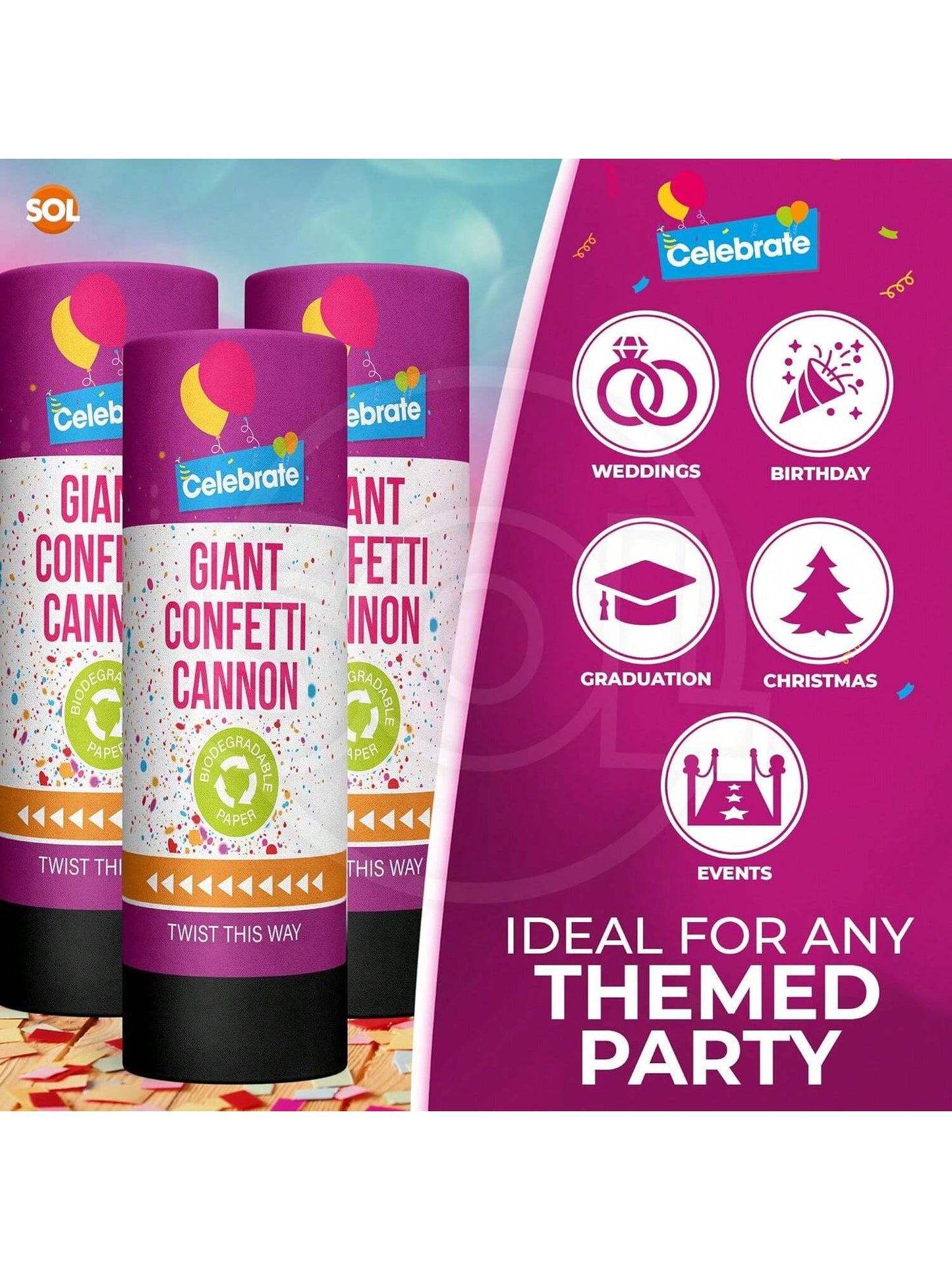 SOL 2pk Confetti Cannons Large - Giant Party Poppers Paper Cannon - Multicolour Papers Mix For Weddings, Birthdays, New Year's Eve, And Celebrations - Easy To Use, Perfect For Photos And Videos