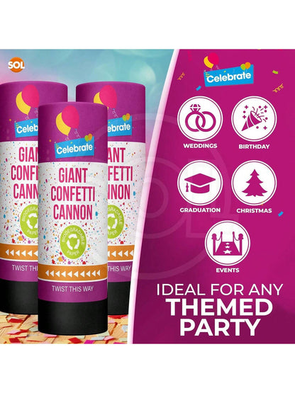 SOL 2pk Confetti Cannons Large - Giant Party Poppers Paper Cannon - Multicolour Papers Mix For Weddings, Birthdays, New Year's Eve, And Celebrations - Easy To Use, Perfect For Photos And Videos
