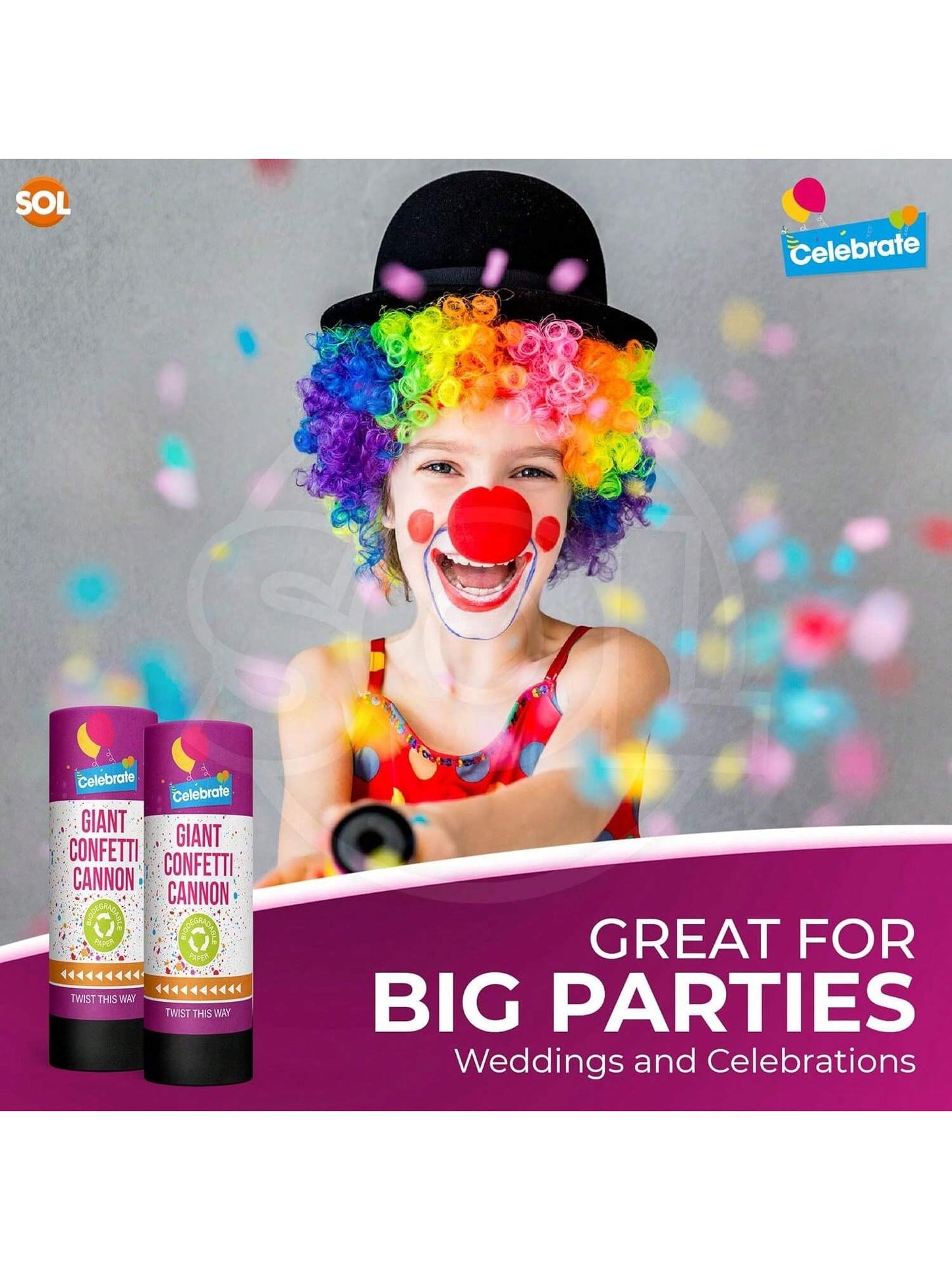 SOL 2pk Confetti Cannons Large - Giant Party Poppers Paper Cannon - Multicolour Papers Mix For Weddings, Birthdays, New Year's Eve, And Celebrations - Easy To Use, Perfect For Photos And Videos