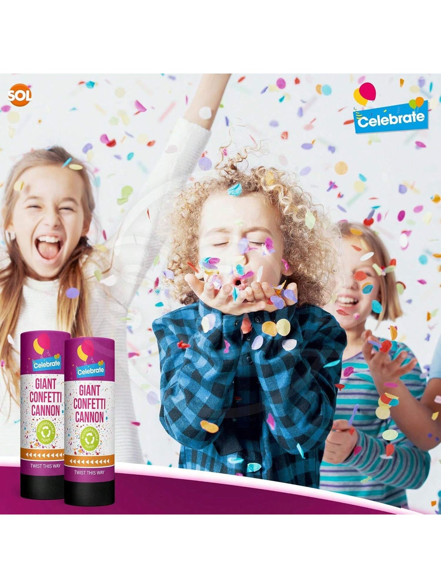 SOL 2pk Confetti Cannons Large - Giant Party Poppers Paper Cannon - Multicolour Papers Mix For Weddings, Birthdays, New Year's Eve, And Celebrations - Easy To Use, Perfect For Photos And Videos