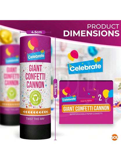SOL 2pk Confetti Cannons Large - Giant Party Poppers Paper Cannon - Multicolour Papers Mix For Weddings, Birthdays, New Year's Eve, And Celebrations - Easy To Use, Perfect For Photos And Videos