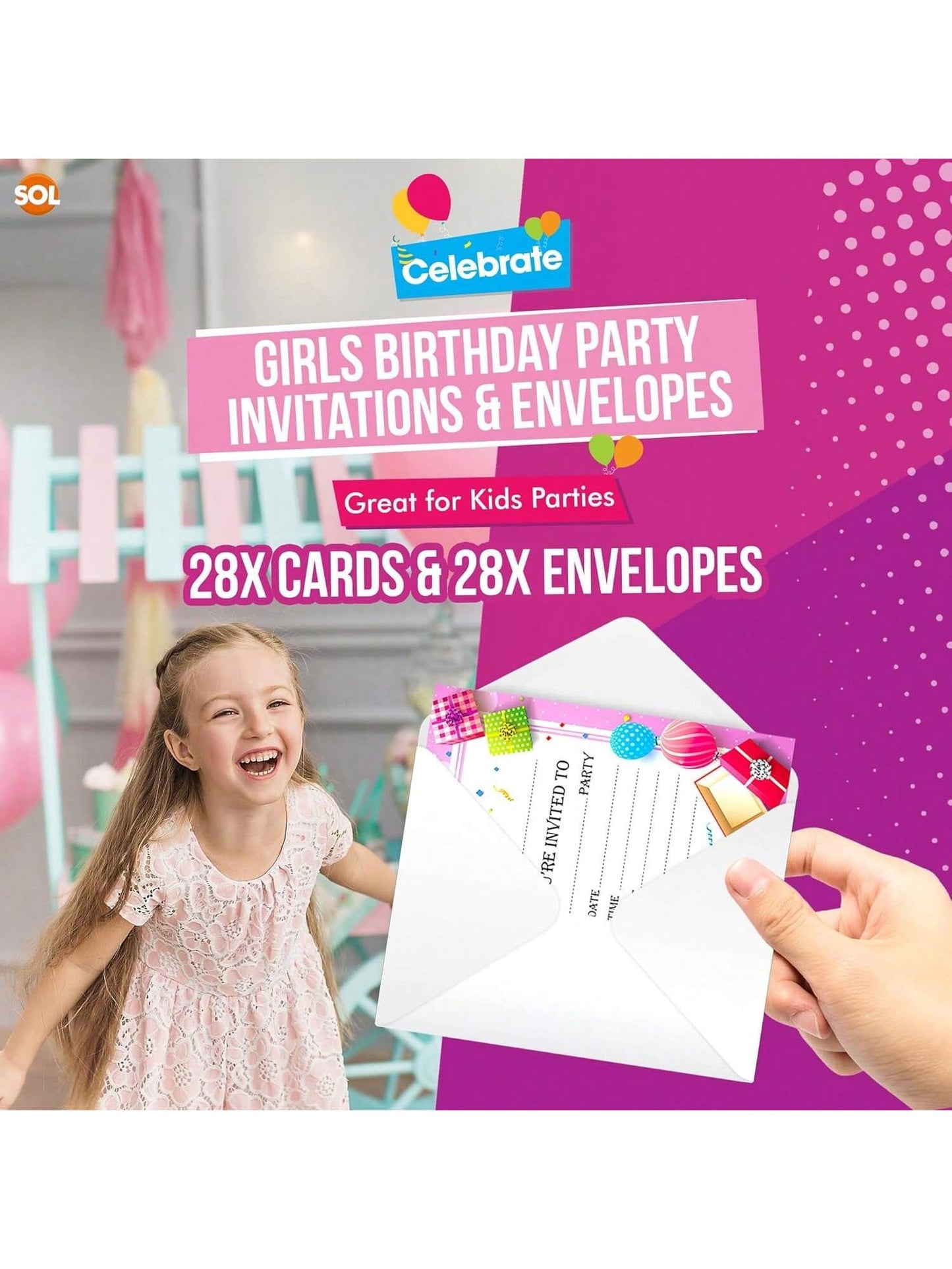 SOL 28x Pink RSVP Party Invitations With Envelopes - Premium Cardstock RSVP Invitation For All Occasions - Birthdays, Baby Showers, Christening, RSVP, Kids Childrens Parties Celebrations
