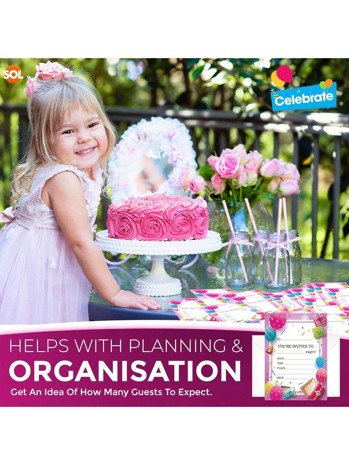 SOL 28x Pink RSVP Party Invitations With Envelopes - Premium Cardstock RSVP Invitation For All Occasions - Birthdays, Baby Showers, Christening, RSVP, Kids Childrens Parties Celebrations