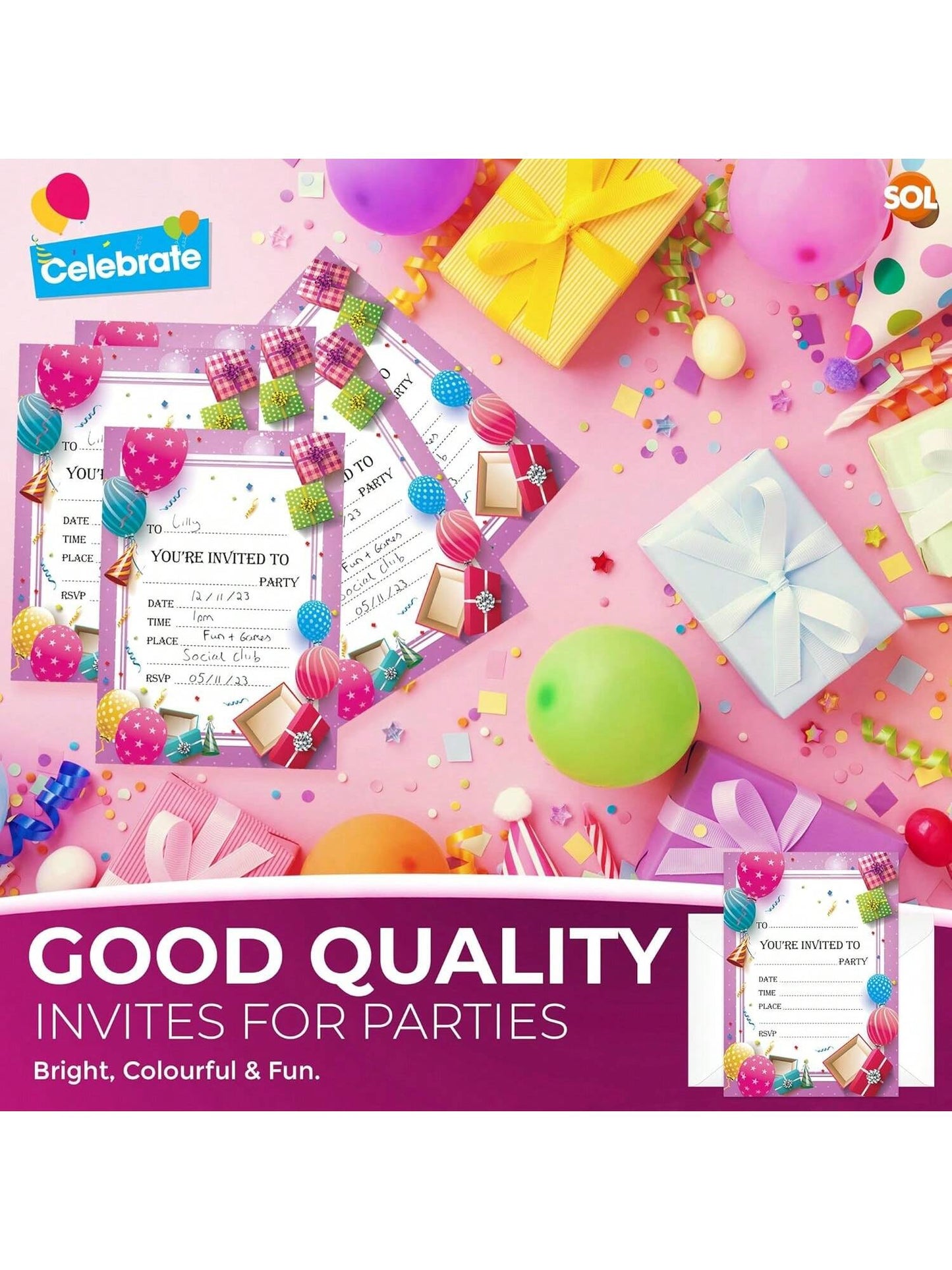 SOL 28x Pink RSVP Party Invitations With Envelopes - Premium Cardstock RSVP Invitation For All Occasions - Birthdays, Baby Showers, Christening, RSVP, Kids Childrens Parties Celebrations