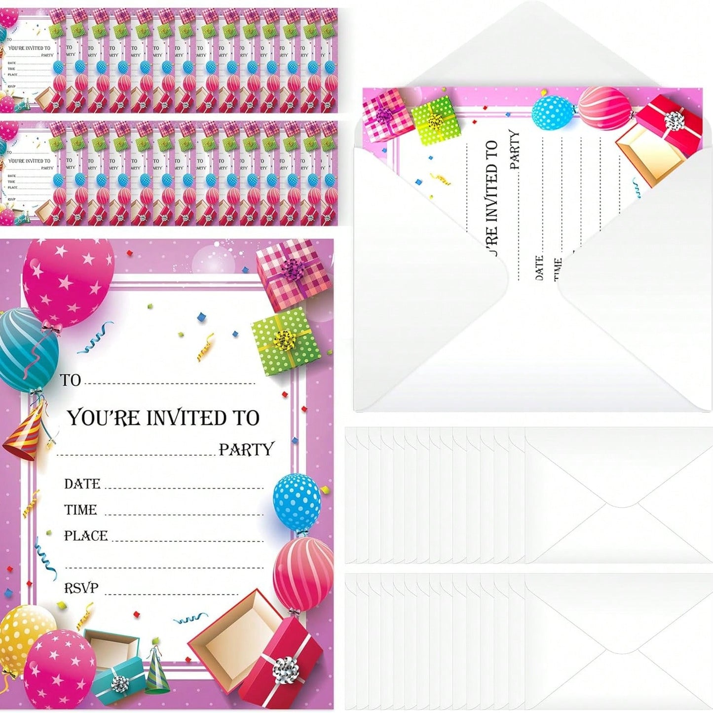 SOL 28x Pink RSVP Party Invitations With Envelopes - Premium Cardstock RSVP Invitation For All Occasions - Birthdays, Baby Showers, Christening, RSVP, Kids Childrens Parties Celebrations