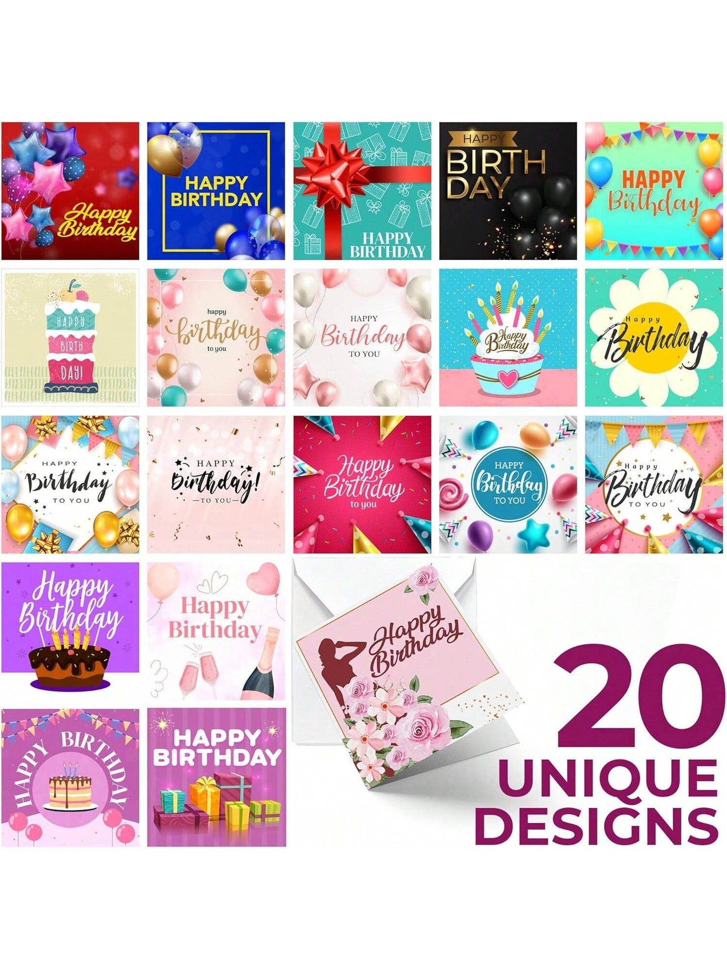 SOL 20pk Birthday Cards For Women Multipack & 20pcs Envelopes - 15x15cm Assorted Happy Birthday Cards For Her - Elegant Designs, Thoughtful Messages, Durable, Perfect For Creating Smiles And Memories