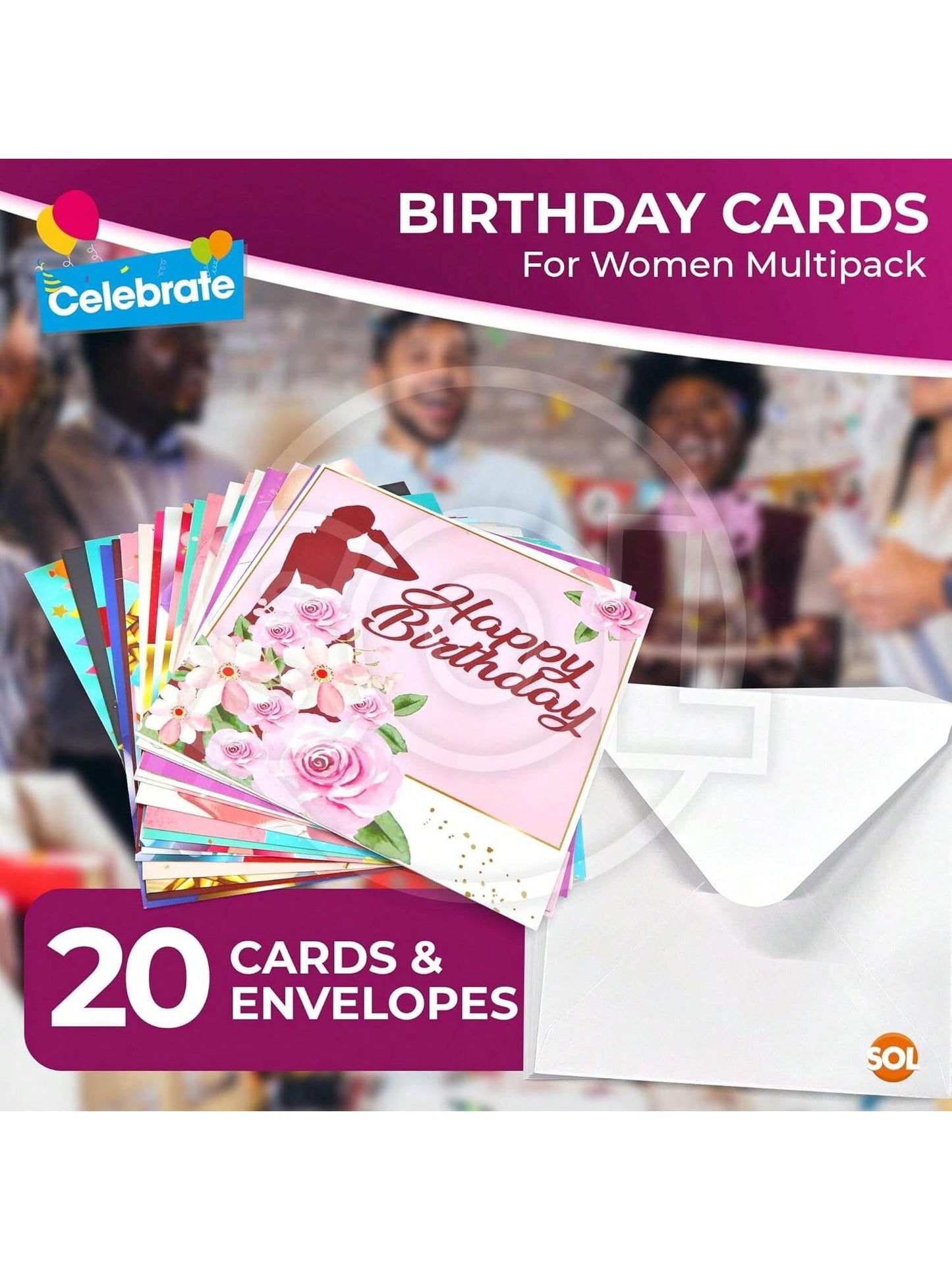 SOL 20pk Birthday Cards For Women Multipack & 20pcs Envelopes - 15x15cm Assorted Happy Birthday Cards For Her - Elegant Designs, Thoughtful Messages, Durable, Perfect For Creating Smiles And Memories
