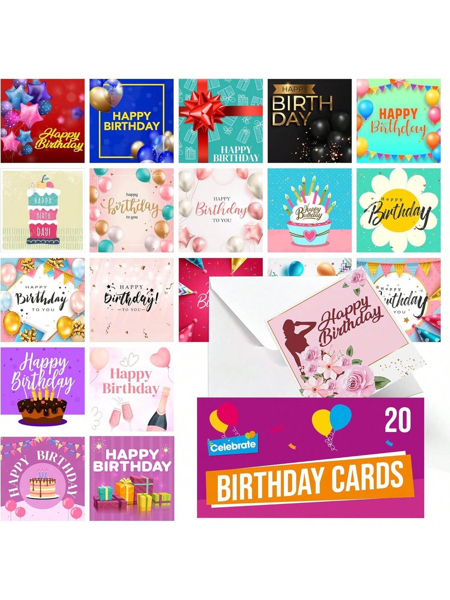 SOL 20pk Birthday Cards For Women Multipack & 20pcs Envelopes - 15x15cm Assorted Happy Birthday Cards For Her - Elegant Designs, Thoughtful Messages, Durable, Perfect For Creating Smiles And Memories
