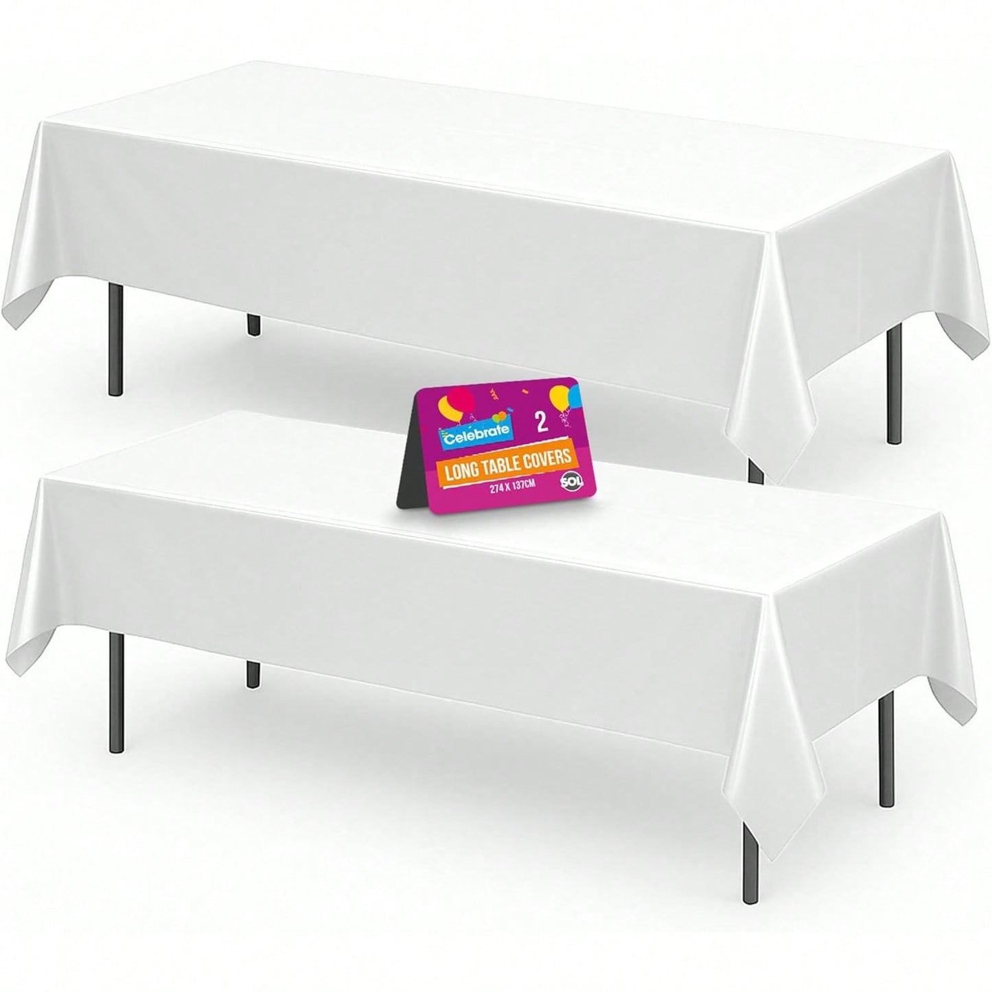 SOL 2pk Long White Table Cloth Party 274x137cm Plastic Cover Disposable Tablecloths For Parties - Heavy Duty Spill Protection - Opaque Design For Weddings, Buffets, Catering, Outdoor & Theme Events