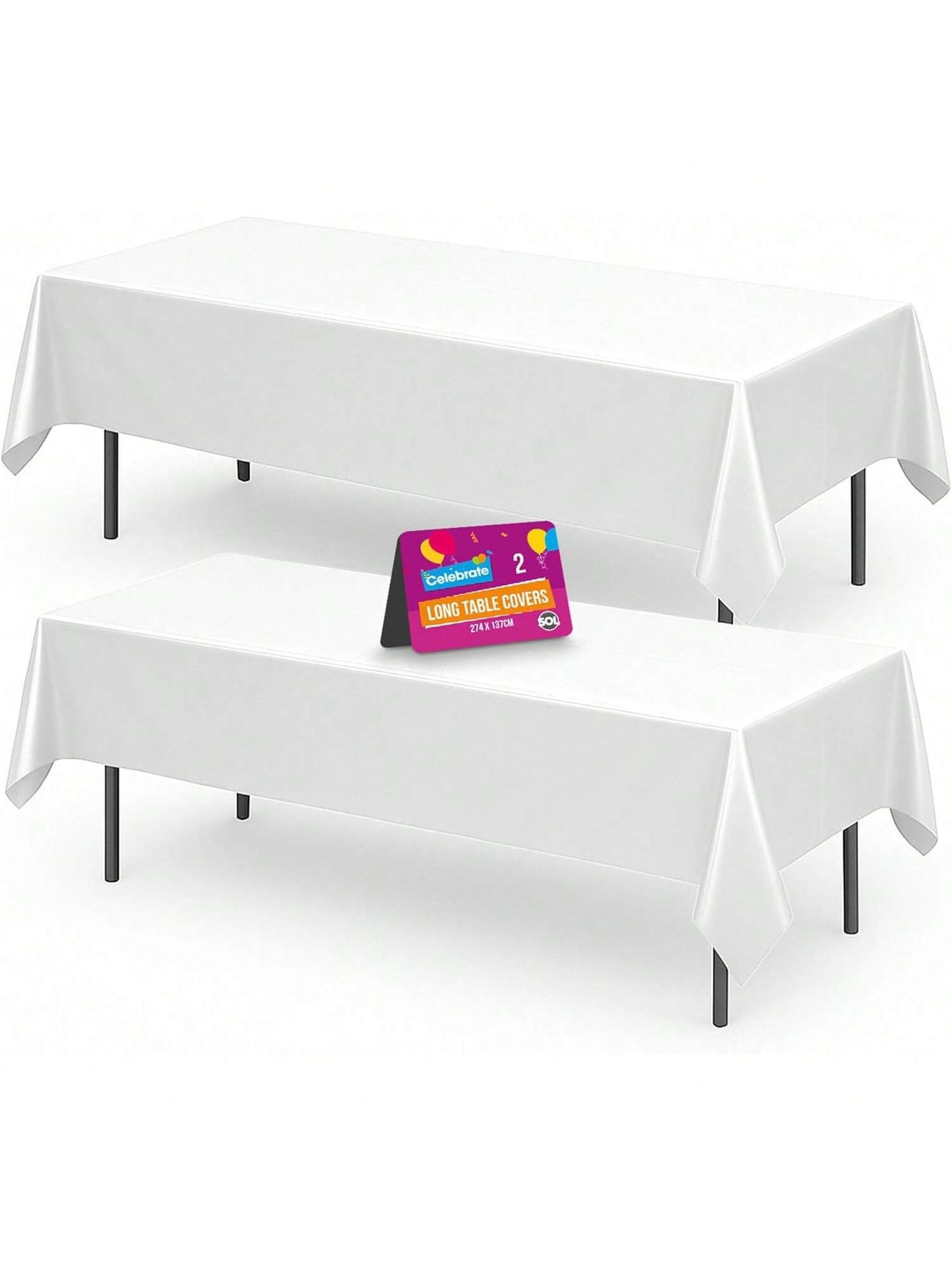 SOL 2pk Long White Table Cloth Party 274x137cm Plastic Cover Disposable Tablecloths For Parties - Heavy Duty Spill Protection - Opaque Design For Weddings, Buffets, Catering, Outdoor & Theme Events