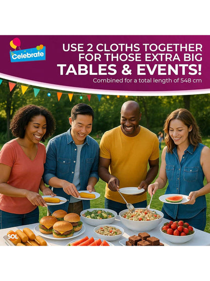 SOL 2pk Long White Table Cloth Party 274x137cm Plastic Cover Disposable Tablecloths For Parties - Heavy Duty Spill Protection - Opaque Design For Weddings, Buffets, Catering, Outdoor & Theme Events
