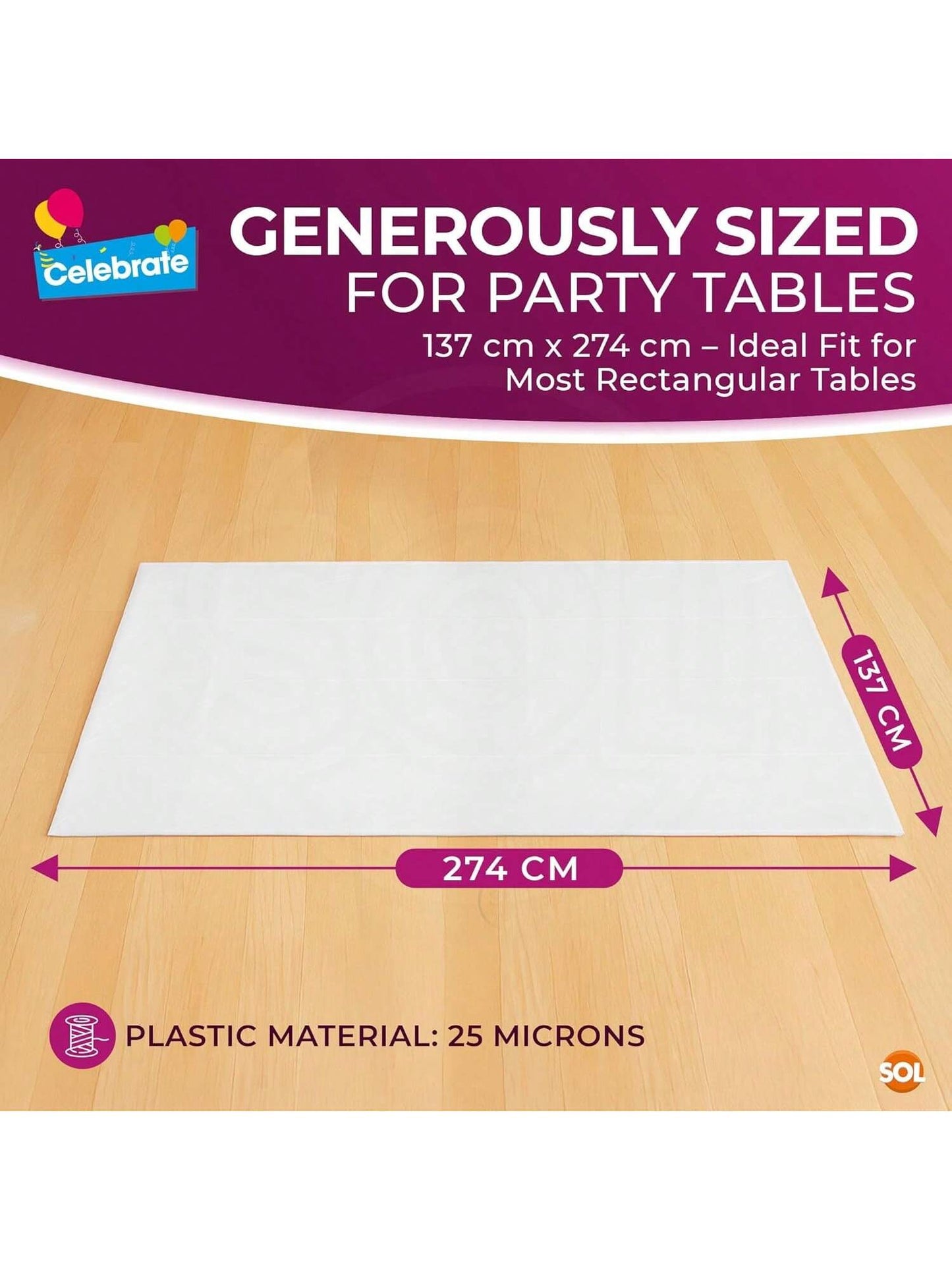 SOL 2pk Long White Table Cloth Party 274x137cm Plastic Cover Disposable Tablecloths For Parties - Heavy Duty Spill Protection - Opaque Design For Weddings, Buffets, Catering, Outdoor & Theme Events