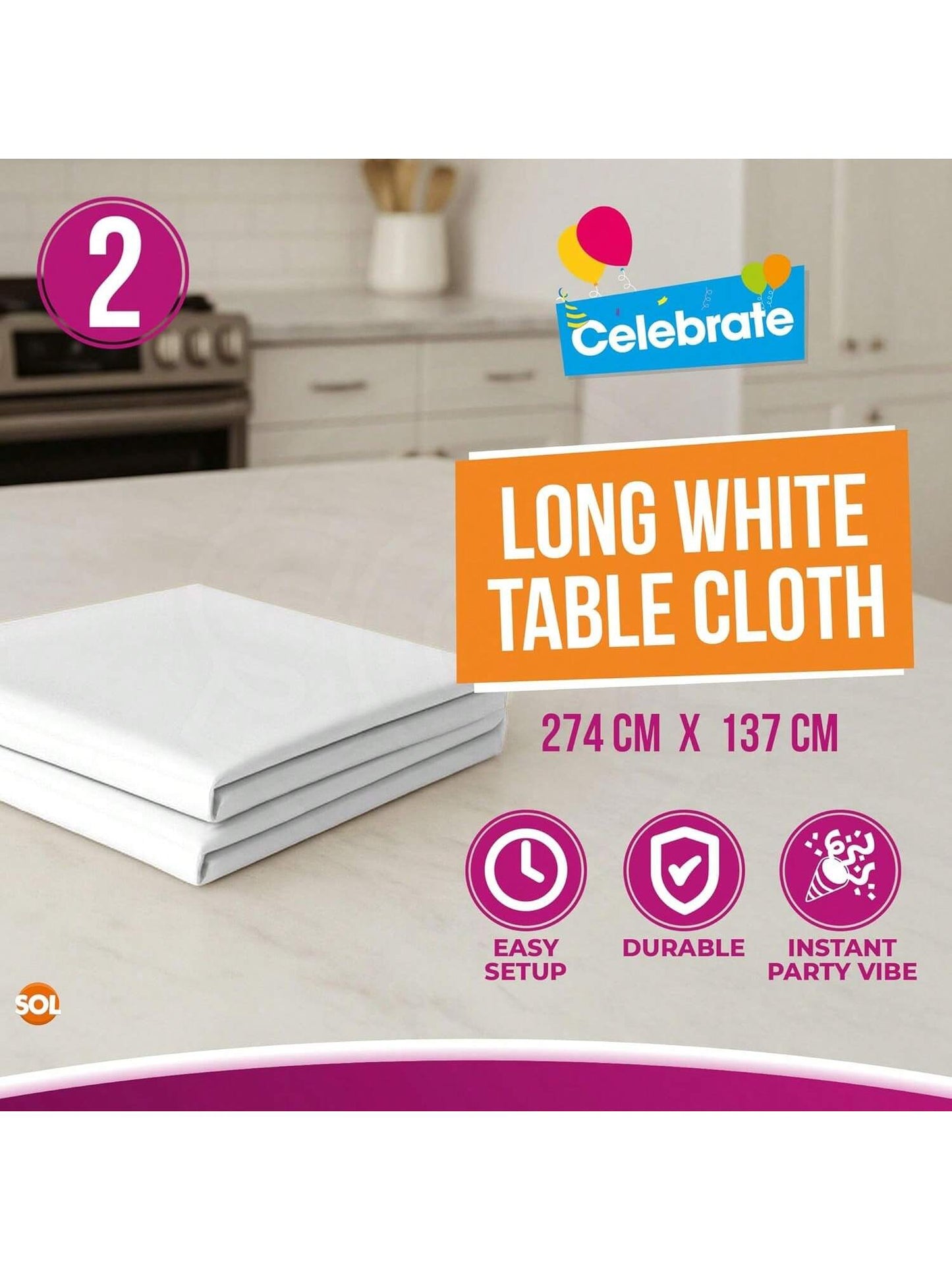 SOL 2pk Long White Table Cloth Party 274x137cm Plastic Cover Disposable Tablecloths For Parties - Heavy Duty Spill Protection - Opaque Design For Weddings, Buffets, Catering, Outdoor & Theme Events