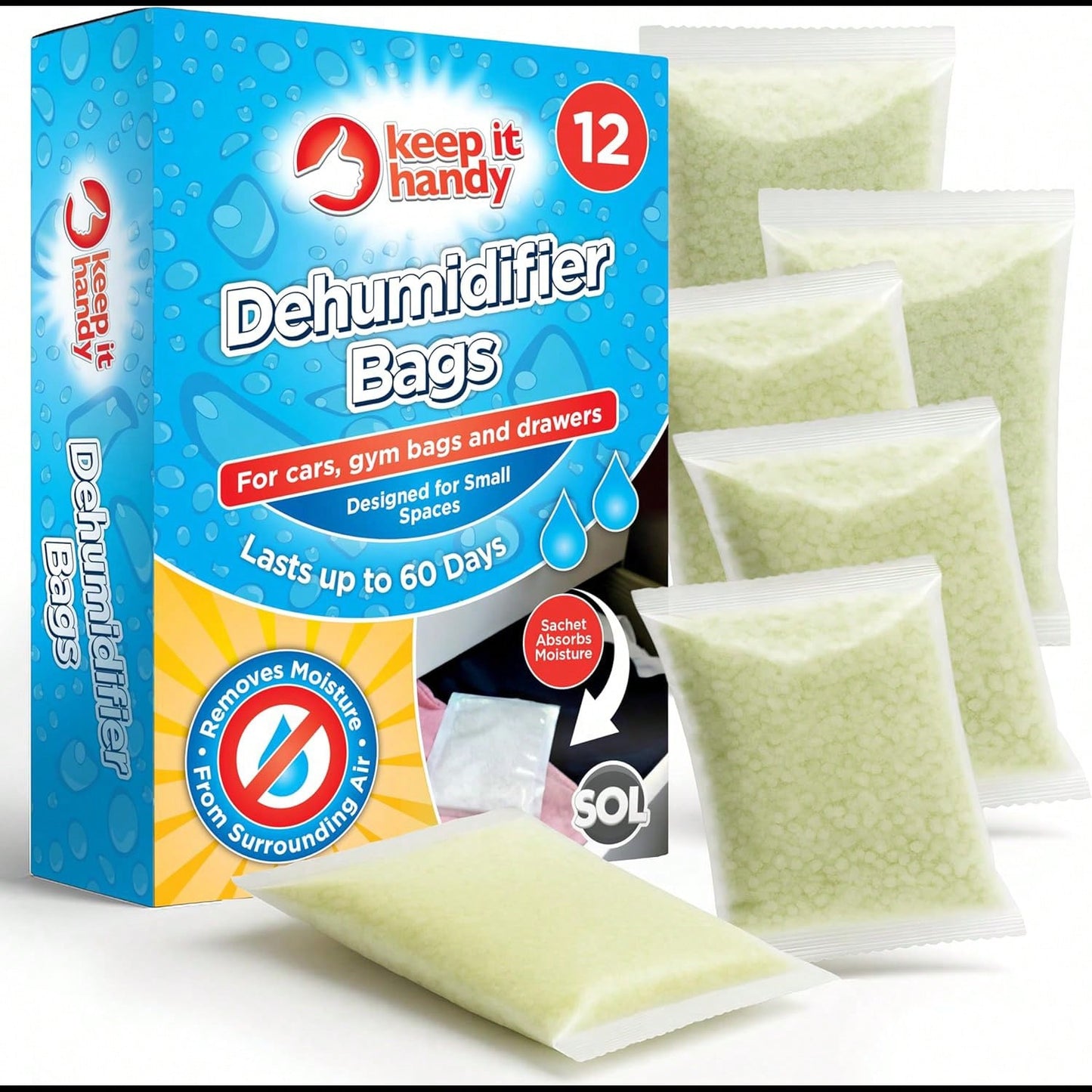 SOL 12pk Dehumidifier Bags - Interior Dehumidifiers Disposable For Home, Wardrobe & Car - Moisture Absorbers With Damp Control & Odor Removal - Compact & Portable - Fits In Small Area