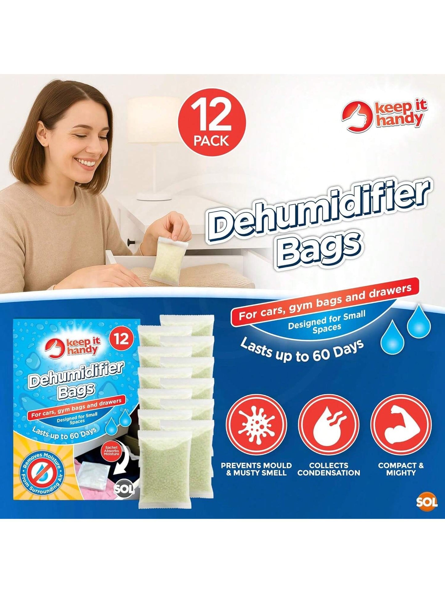 SOL 12pk Dehumidifier Bags - Interior Dehumidifiers Disposable For Home, Wardrobe & Car - Moisture Absorbers With Damp Control & Odor Removal - Compact & Portable - Fits In Small Area