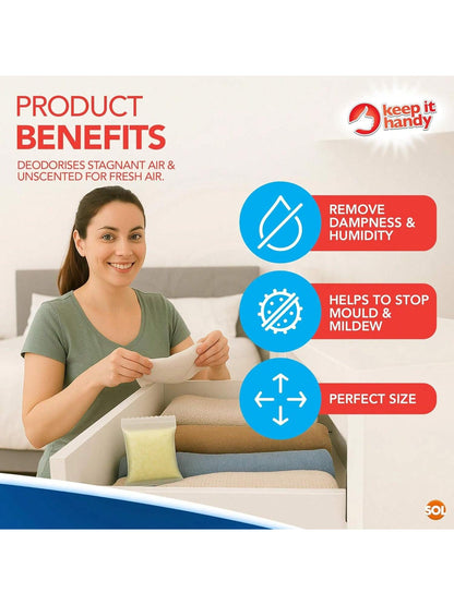 SOL 12pk Dehumidifier Bags - Interior Dehumidifiers Disposable For Home, Wardrobe & Car - Moisture Absorbers With Damp Control & Odor Removal - Compact & Portable - Fits In Small Area