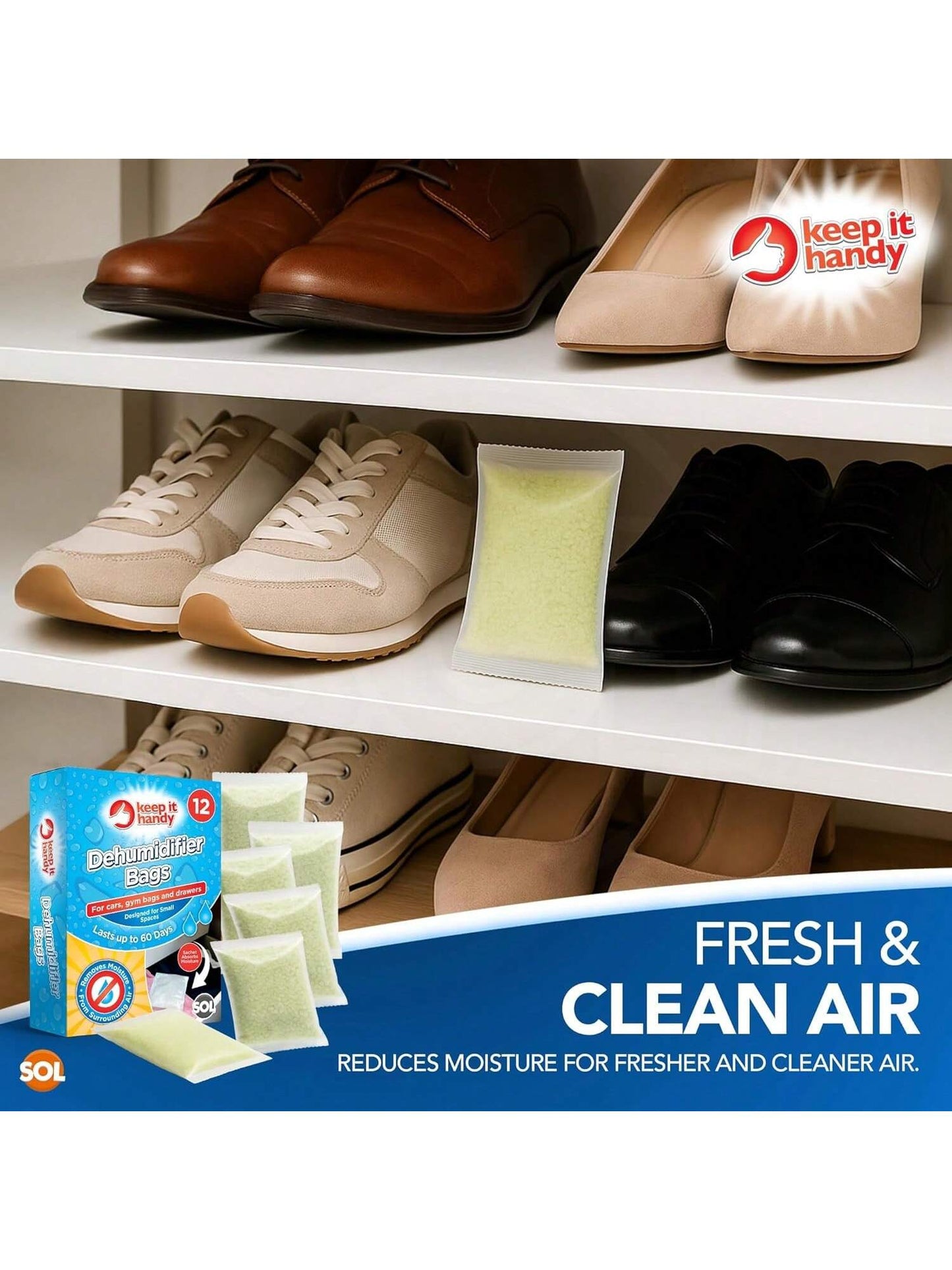 SOL 12pk Dehumidifier Bags - Interior Dehumidifiers Disposable For Home, Wardrobe & Car - Moisture Absorbers With Damp Control & Odor Removal - Compact & Portable - Fits In Small Area