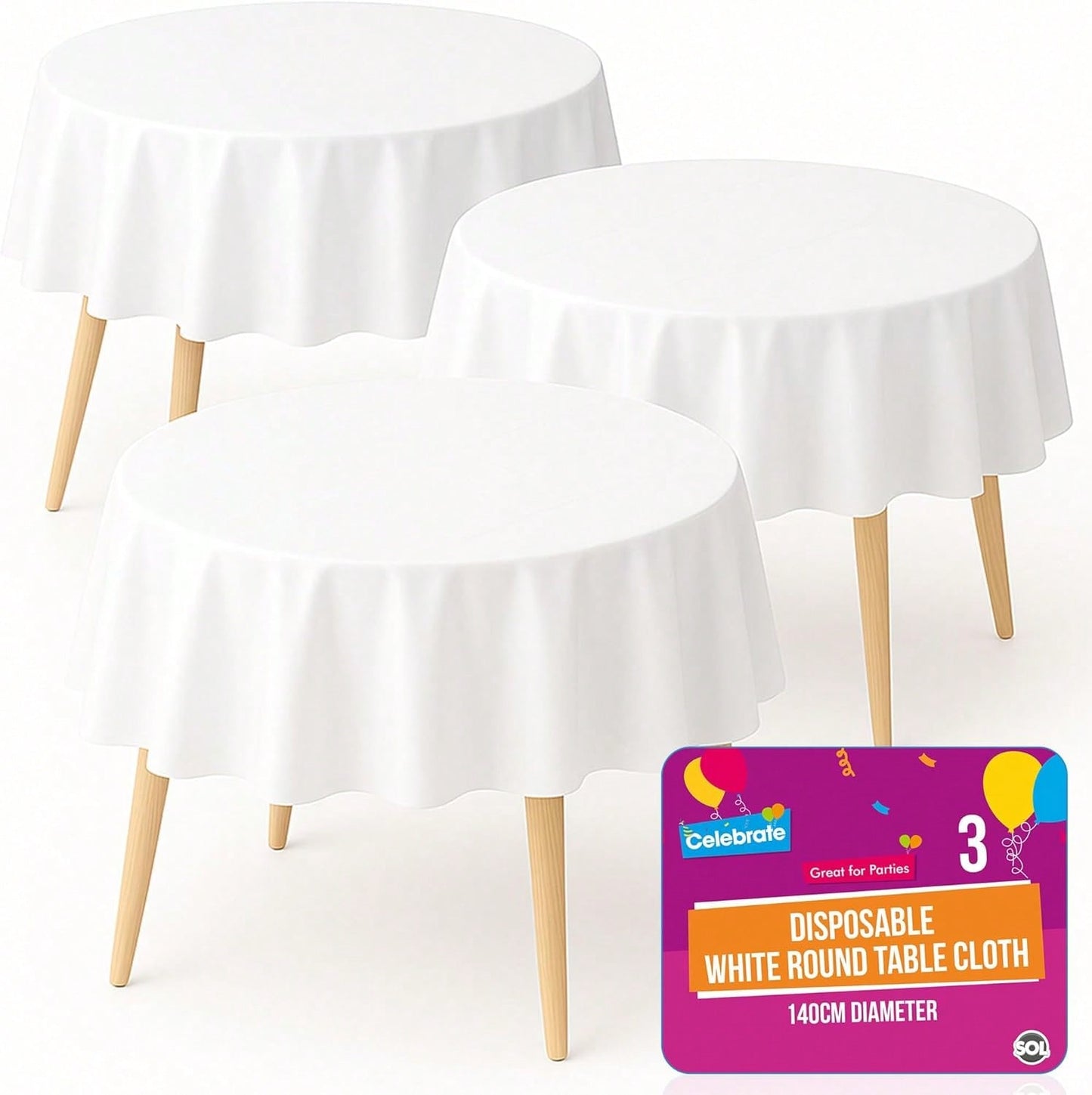 SOL 3pk White Round Table Cloth Disposable 140cm Plastic Circular Party Cover - Durable Spill Protection - For Christening, Weddings, Anniversaries, Buffets, Catering, Restaurants & Outdoor Events