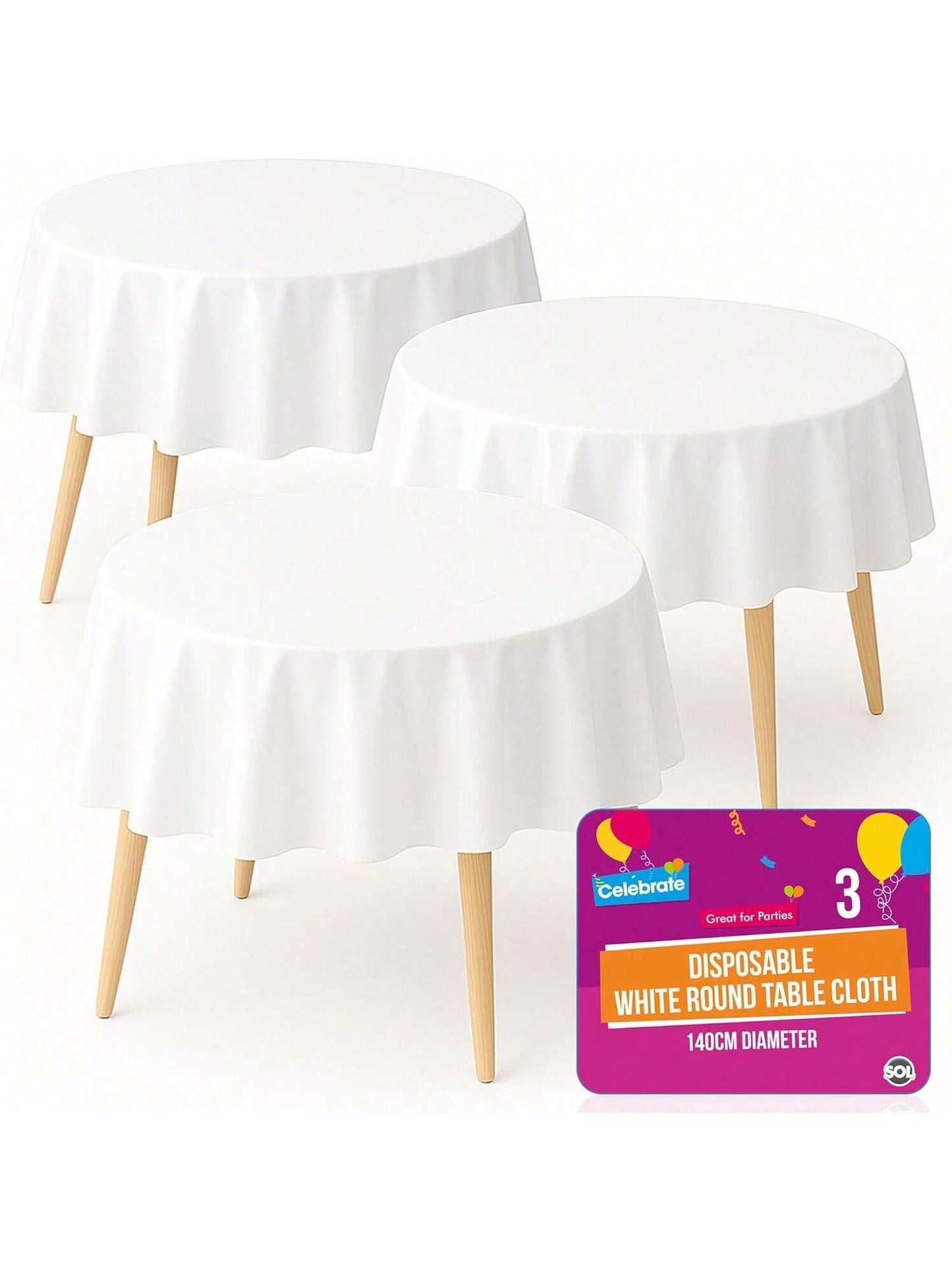SOL 3pk White Round Table Cloth Disposable 140cm Plastic Circular Party Cover - Durable Spill Protection - For Christening, Weddings, Anniversaries, Buffets, Catering, Restaurants & Outdoor Events