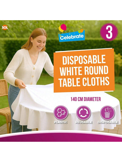 SOL 3pk White Round Table Cloth Disposable 140cm Plastic Circular Party Cover - Durable Spill Protection - For Christening, Weddings, Anniversaries, Buffets, Catering, Restaurants & Outdoor Events