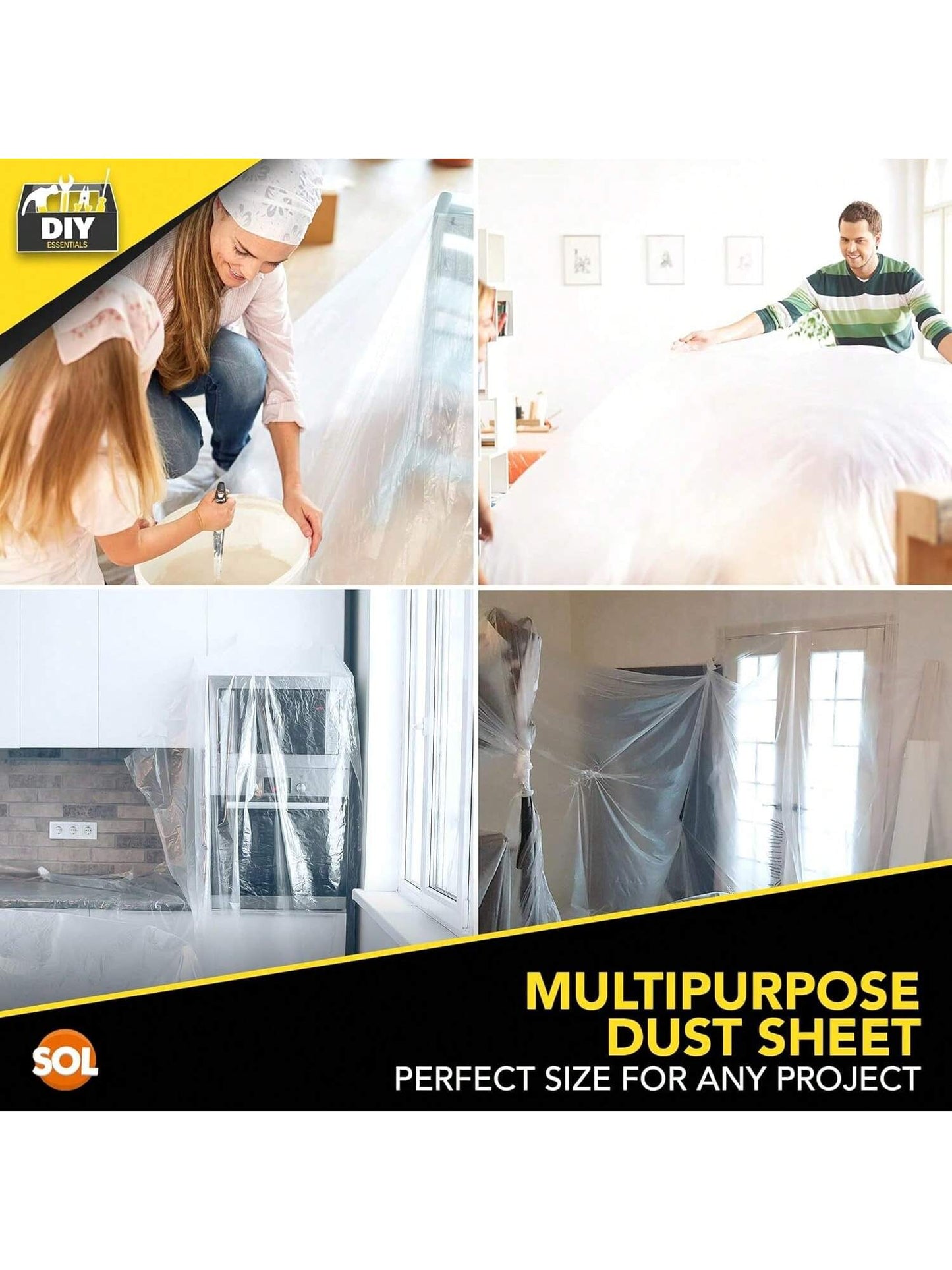 SOL 4pk Polythene Dust Sheets - Large 3.6m X 2.7m Plastic Sheets For Furniture & Painting, Dust Sheeting For Home Renovation, Durable Decorating Plastic Dust Covers