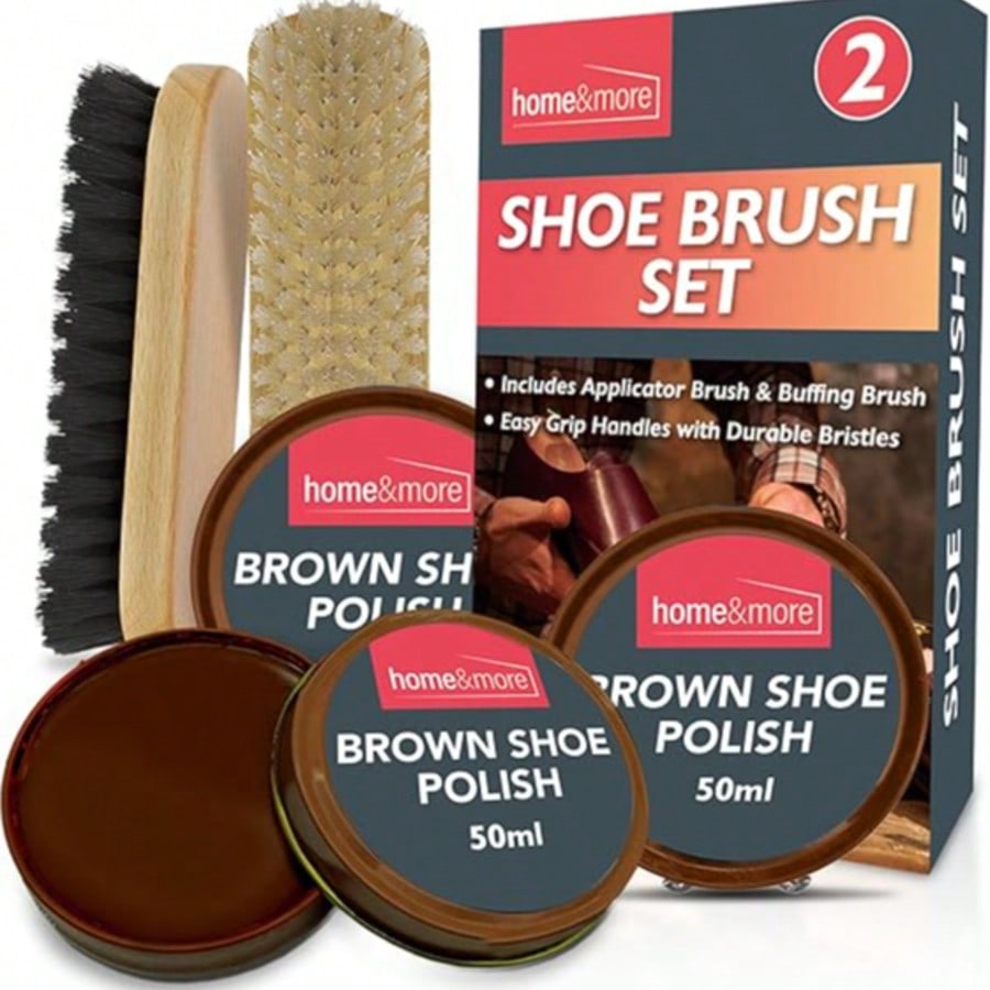 SOL 2pk Shoe Brush Set & 3 Brown Shoe Polish – Leather Boot Polish Kit – Includes Soft & Stiff Brushes, 3 Wax Tins For Leather Shoe Care, Cleaning, Conditioning, Shine & Scuff Protection