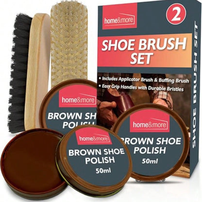 SOL 2pk Shoe Brush Set & 3 Brown Shoe Polish – Leather Boot Polish Kit – Includes Soft & Stiff Brushes, 3 Wax Tins For Leather Shoe Care, Cleaning, Conditioning, Shine & Scuff Protection
