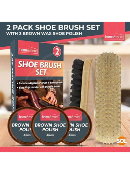 SOL 2pk Shoe Brush Set & 3 Brown Shoe Polish – Leather Boot Polish Kit – Includes Soft & Stiff Brushes, 3 Wax Tins For Leather Shoe Care, Cleaning, Conditioning, Shine & Scuff Protection