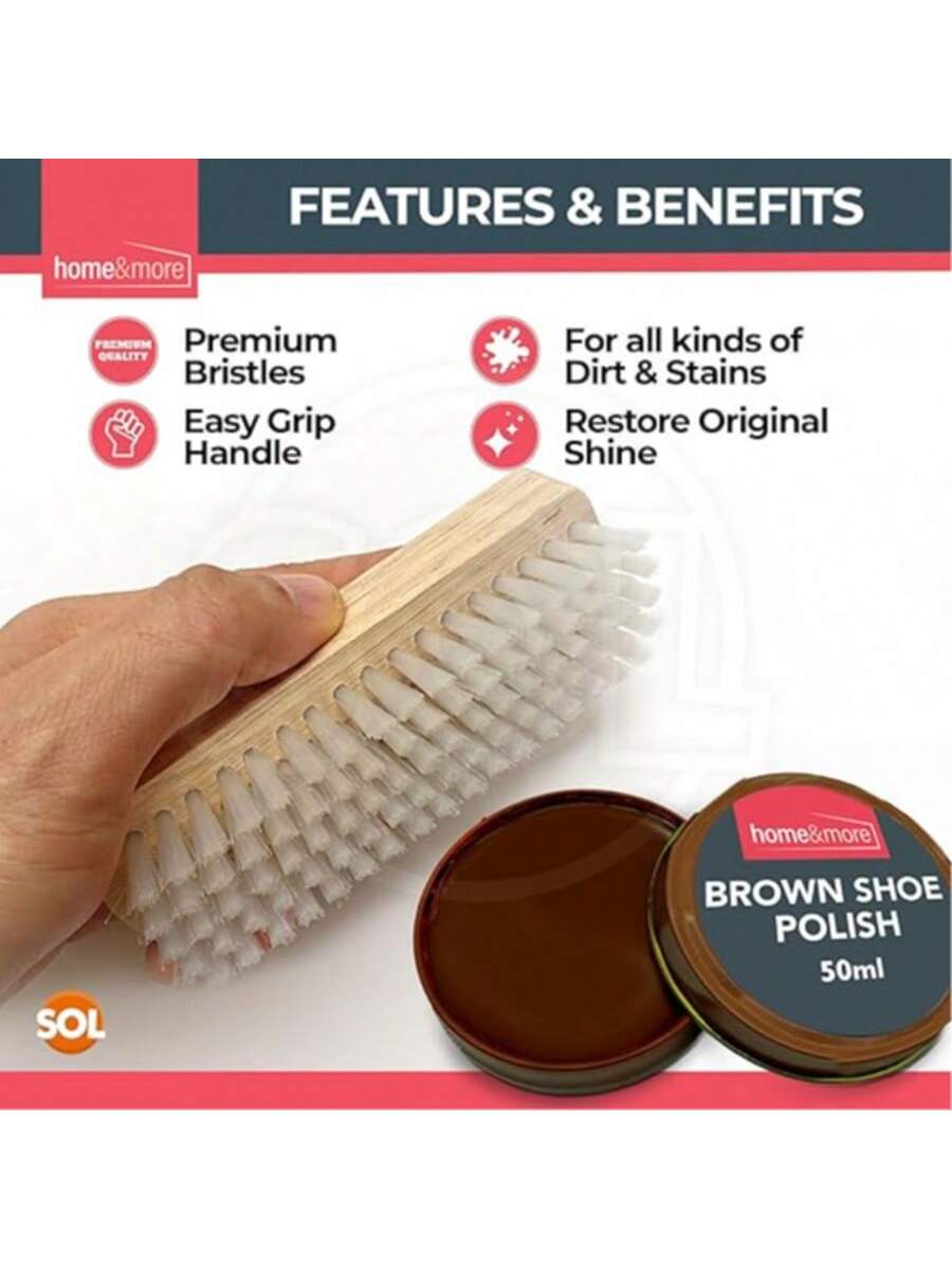 SOL 2pk Shoe Brush Set & 3 Brown Shoe Polish – Leather Boot Polish Kit – Includes Soft & Stiff Brushes, 3 Wax Tins For Leather Shoe Care, Cleaning, Conditioning, Shine & Scuff Protection