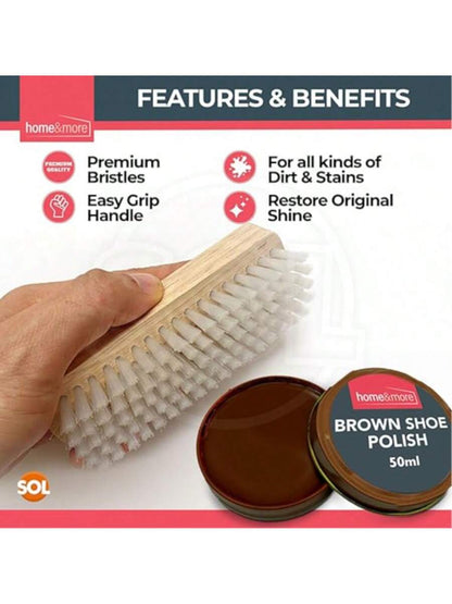 SOL 2pk Shoe Brush Set & 3 Brown Shoe Polish – Leather Boot Polish Kit – Includes Soft & Stiff Brushes, 3 Wax Tins For Leather Shoe Care, Cleaning, Conditioning, Shine & Scuff Protection