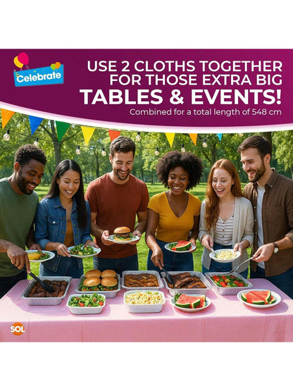 SOL 2pk Long Pink Table Cloth Party 274x137cm | Disposable Plastic Cover. Heavy Duty Spill Protection: Opaque Design For Girls Birthdays, Christening, Communion, Gender Reveals, Weddings & Events.