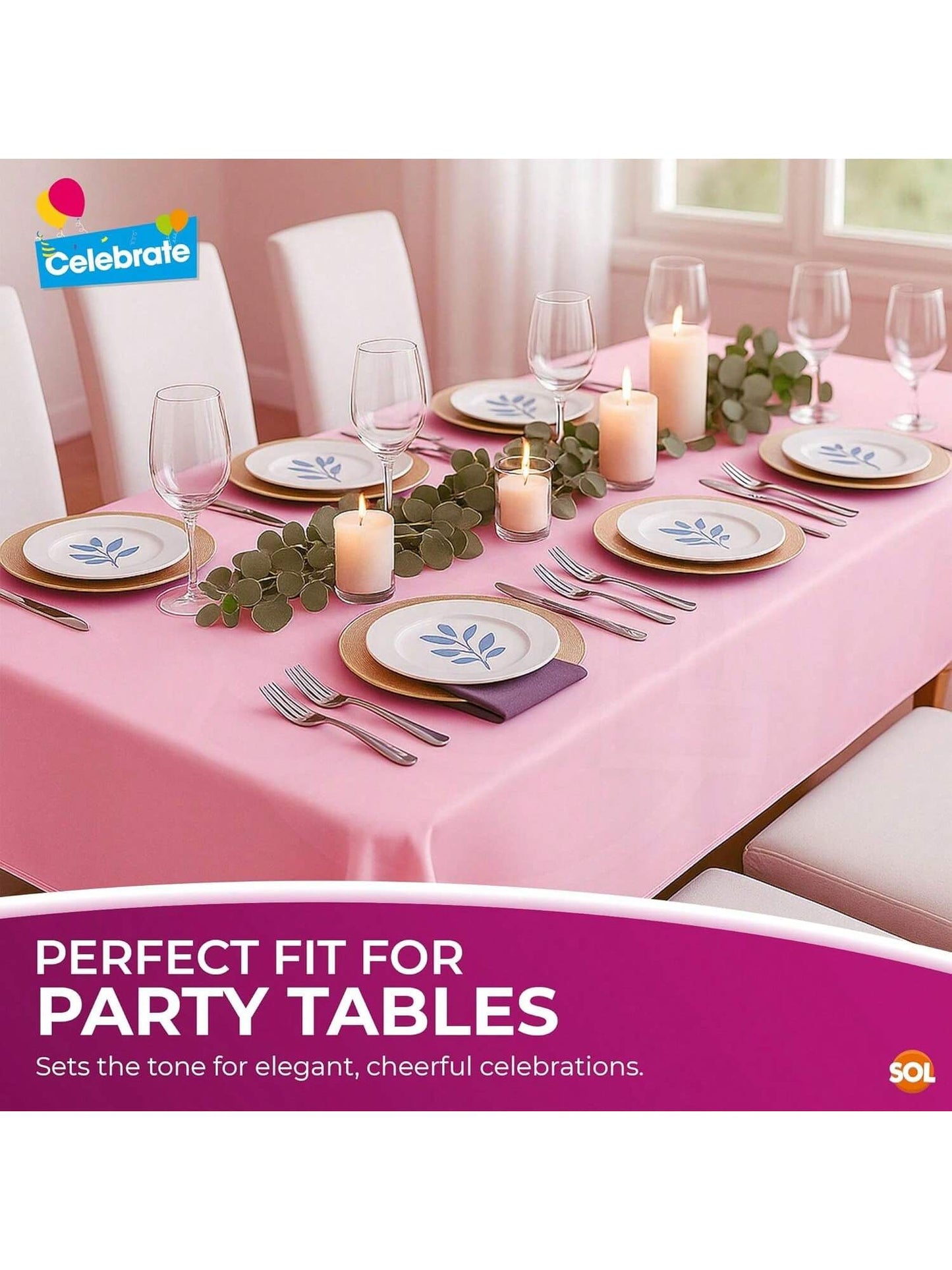 SOL 2pk Long Pink Table Cloth Party 274x137cm | Disposable Plastic Cover. Heavy Duty Spill Protection: Opaque Design For Girls Birthdays, Christening, Communion, Gender Reveals, Weddings & Events.