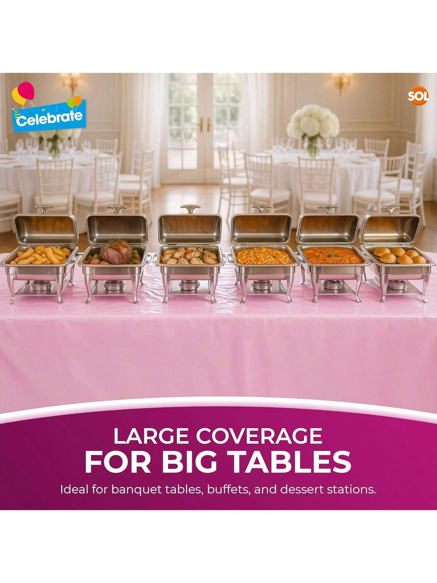 SOL 2pk Long Pink Table Cloth Party 274x137cm | Disposable Plastic Cover. Heavy Duty Spill Protection: Opaque Design For Girls Birthdays, Christening, Communion, Gender Reveals, Weddings & Events.