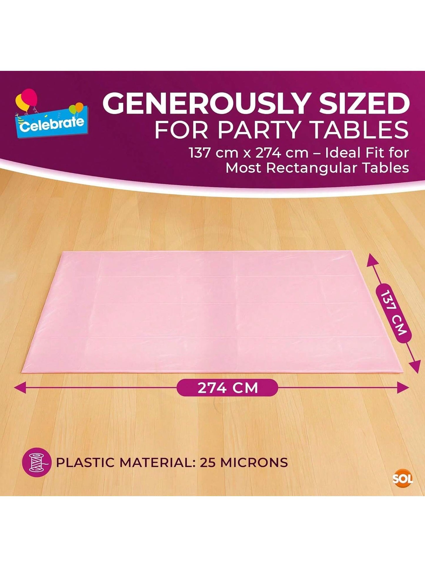 SOL 2pk Long Pink Table Cloth Party 274x137cm | Disposable Plastic Cover. Heavy Duty Spill Protection: Opaque Design For Girls Birthdays, Christening, Communion, Gender Reveals, Weddings & Events.