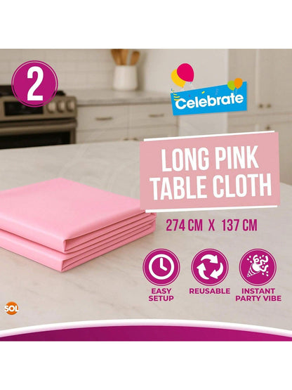 SOL 2pk Long Pink Table Cloth Party 274x137cm | Disposable Plastic Cover. Heavy Duty Spill Protection: Opaque Design For Girls Birthdays, Christening, Communion, Gender Reveals, Weddings & Events.