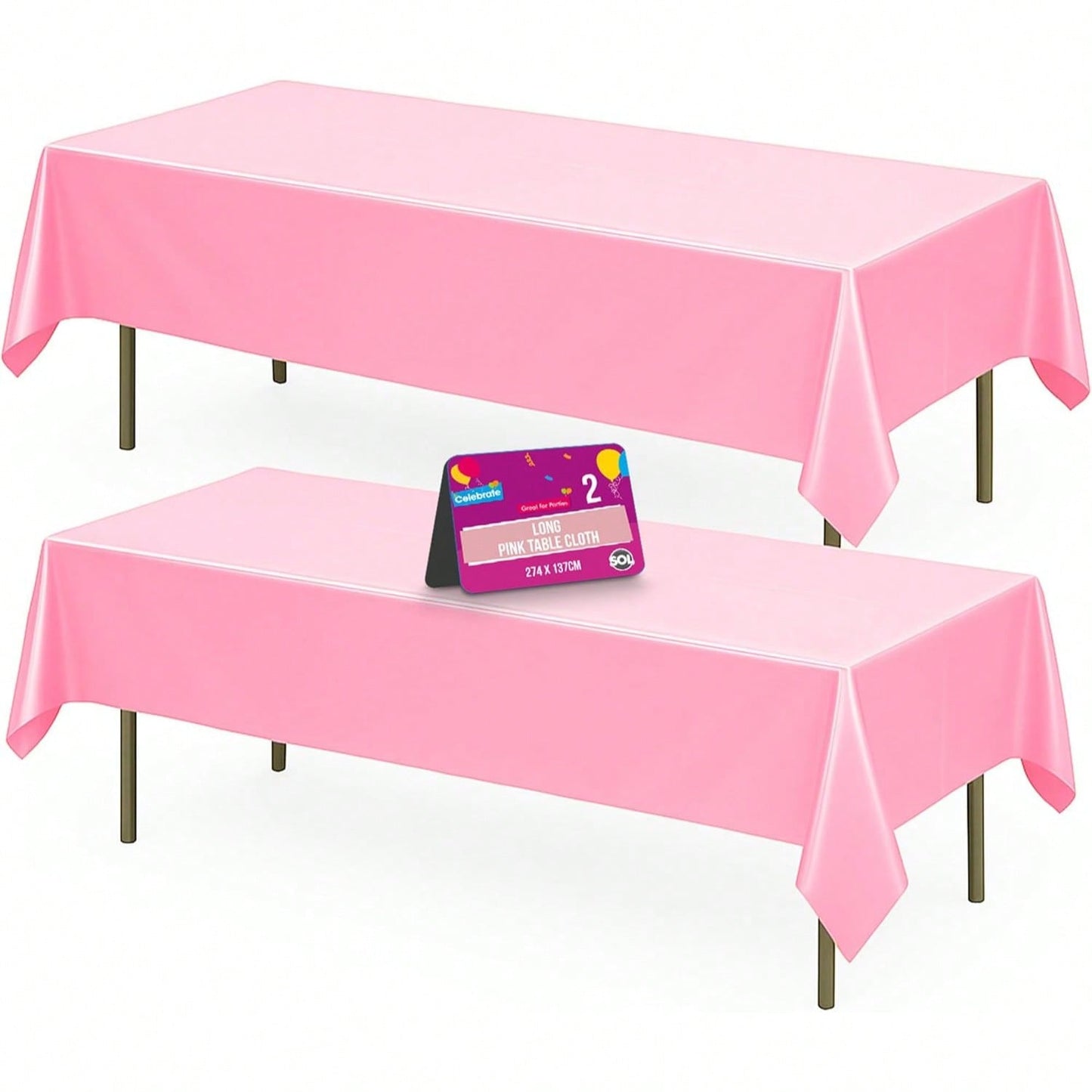SOL 2pk Long Pink Table Cloth Party 274x137cm | Disposable Plastic Cover. Heavy Duty Spill Protection: Opaque Design For Girls Birthdays, Christening, Communion, Gender Reveals, Weddings & Events.