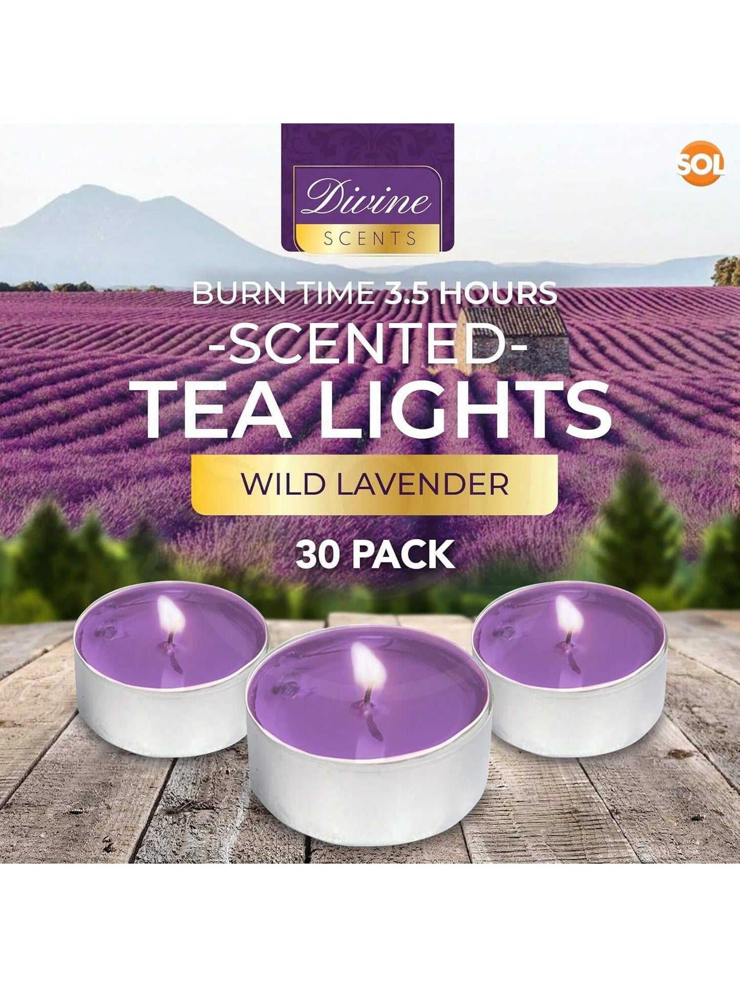 SOL 30pk Tea Light Candles Wild Lavenders – 3.5 Hour Burn Time, Scented Tea Lights Candles, Long-Lasting And Ideal Home Decor, Relaxation, Romantic Dinners, Weddings, Cosy Evenings & Special Occasion
