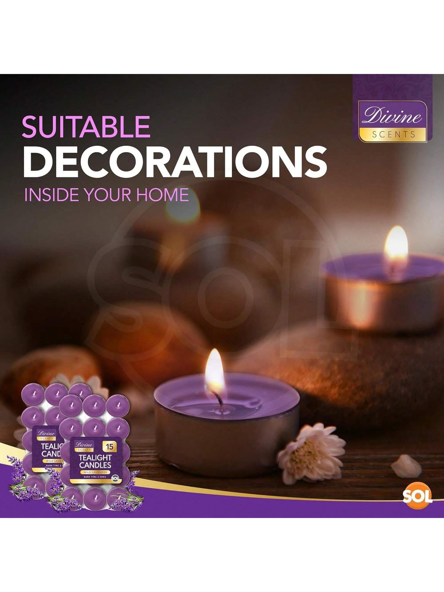 SOL 30pk Tea Light Candles Wild Lavenders – 3.5 Hour Burn Time, Scented Tea Lights Candles, Long-Lasting And Ideal Home Decor, Relaxation, Romantic Dinners, Weddings, Cosy Evenings & Special Occasion
