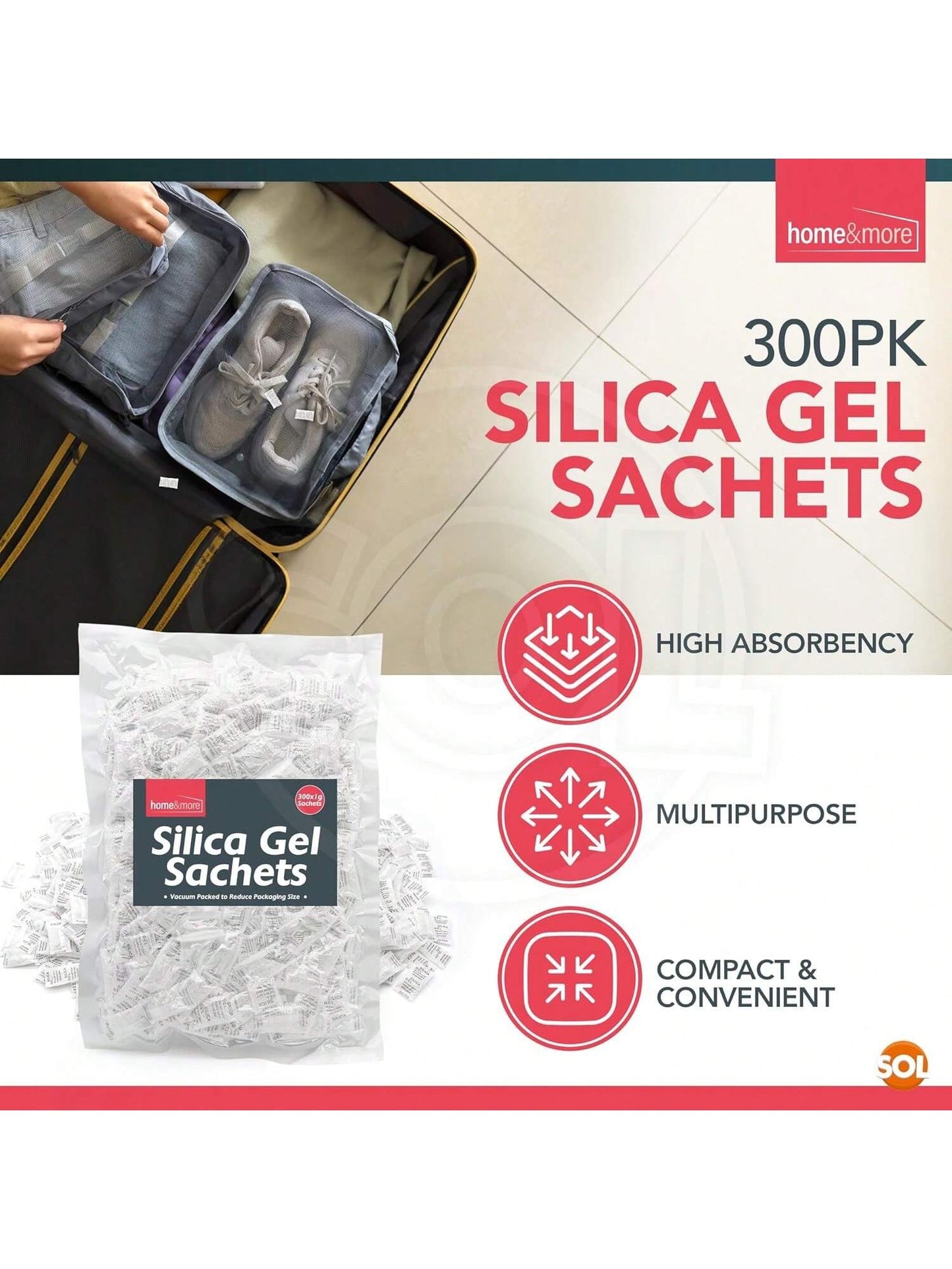 SOL 300pk Silica Gel Sachets For Clothes Container, Moisture Absorber Desiccant Sachets For Food Storage Contacts, Electronics & Bag, Compact, Lightweight & Durable Humidity Absorber Drying Agent Pack