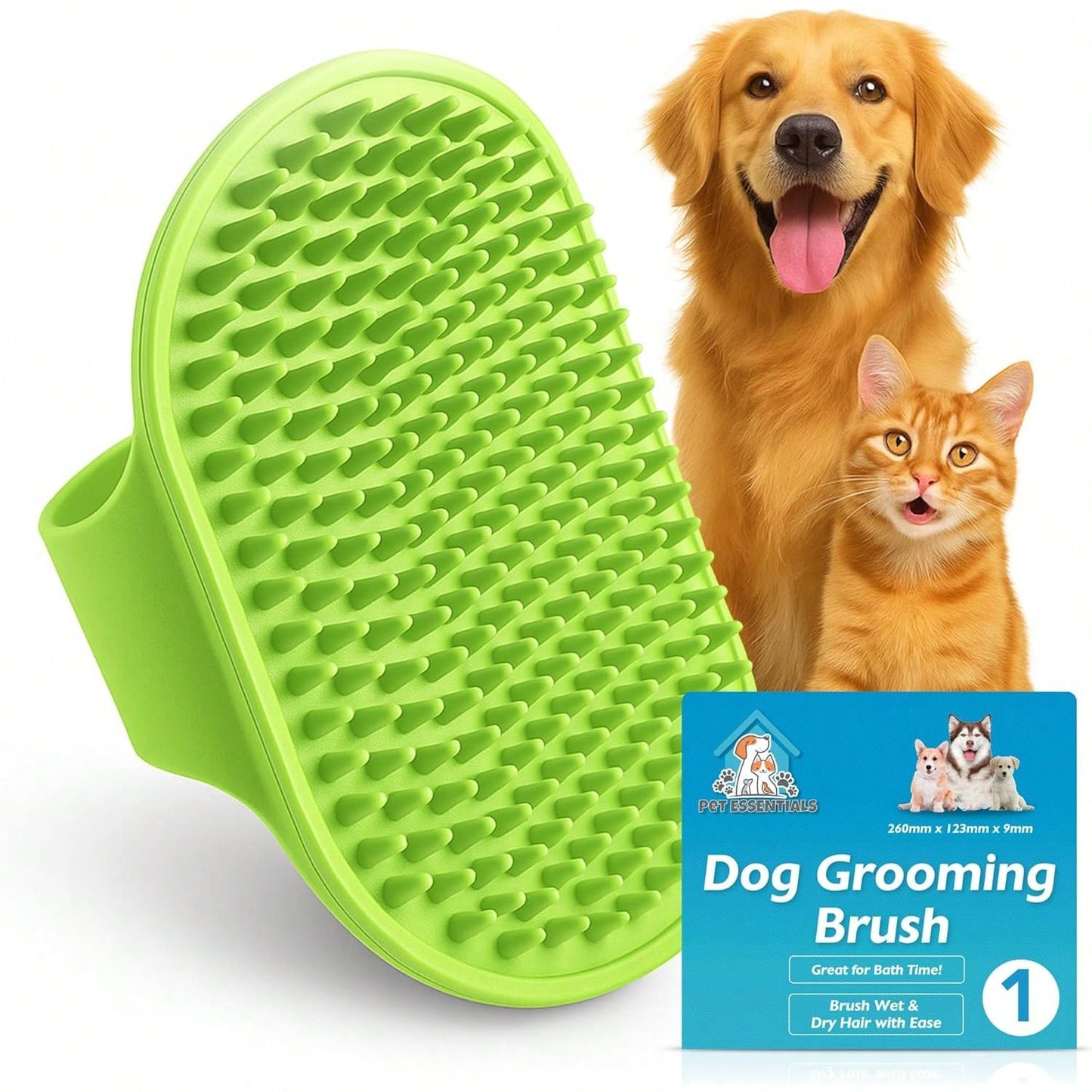 SOL 1pk Dog Grooming Brush For Pets, 12.5 X 8.6cm Soft Silicone Bristle Dog & Puppy Brush, Hand Strap Design For Secure & Comfortable Use, Lightweight, Easy To Handle & Clean, Ideal For Massage & Bath