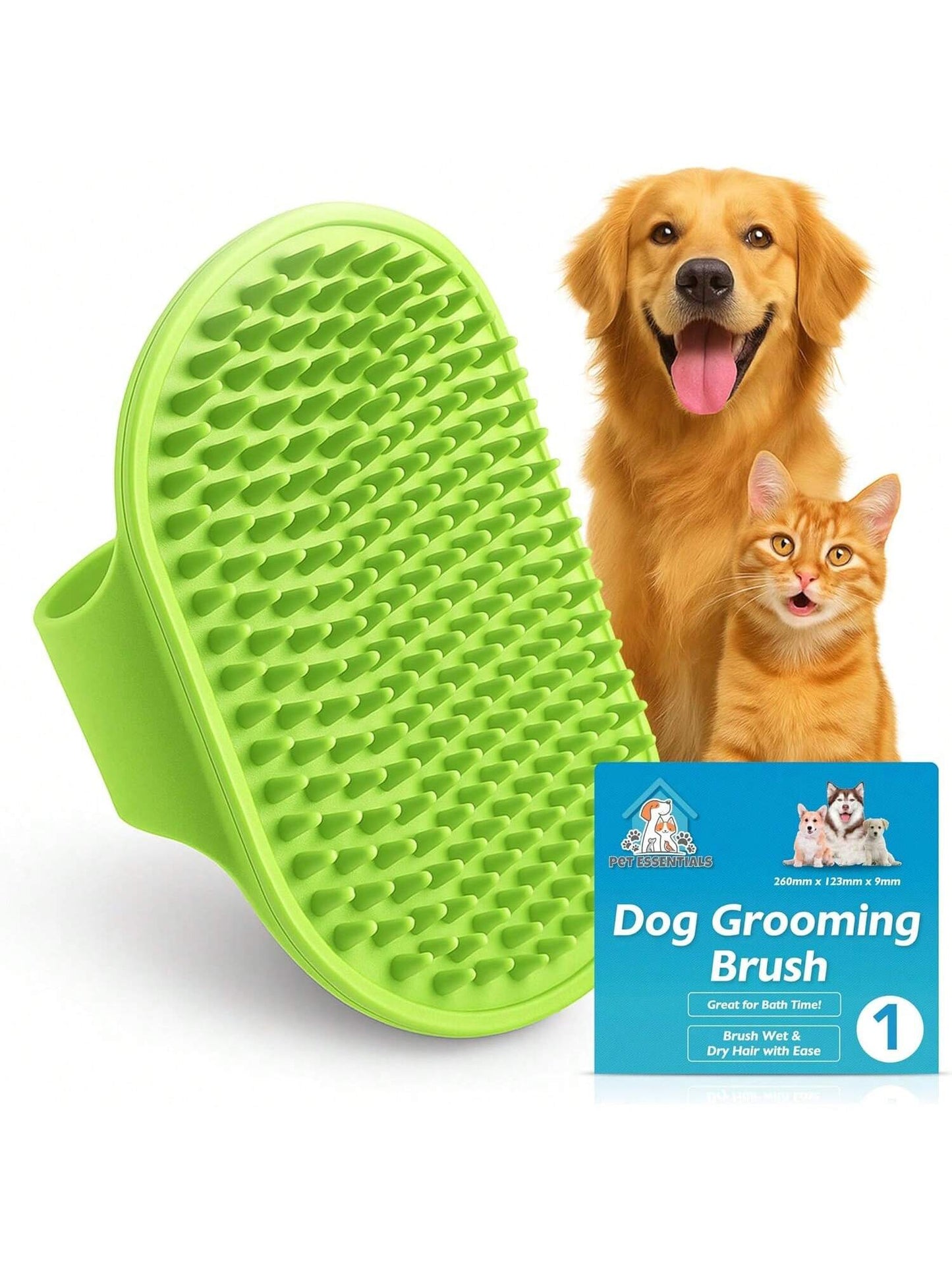 SOL 1pk Dog Grooming Brush For Pets, 12.5 X 8.6cm Soft Silicone Bristle Dog & Puppy Brush, Hand Strap Design For Secure & Comfortable Use, Lightweight, Easy To Handle & Clean, Ideal For Massage & Bath