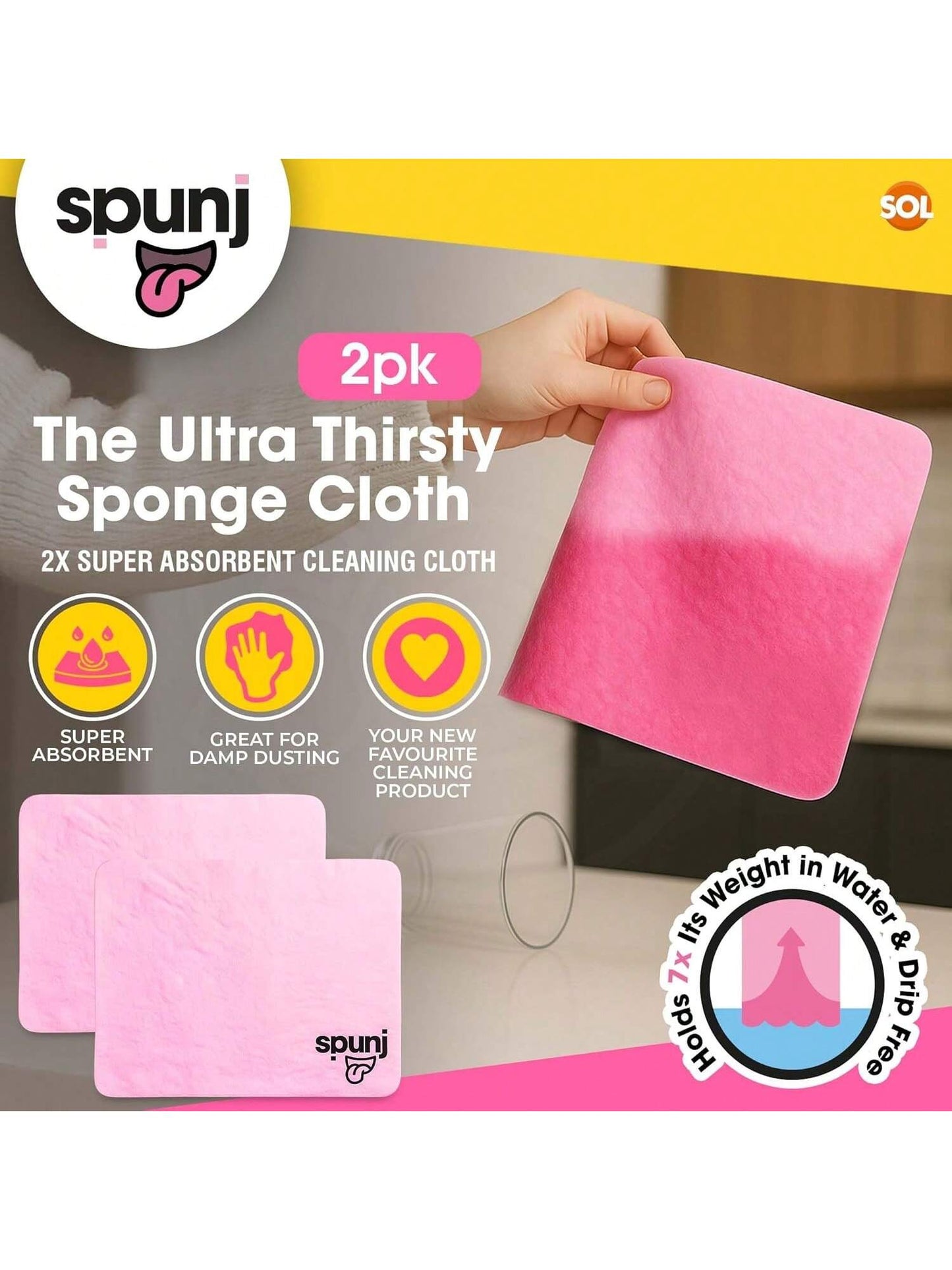 Spunj 2pk Ultra Thirsty Sponge Cloth Pink, 32x42cm Super Absorbent Cloth For Home, Holds 7x Its Weight In Water, Reusable And Durable, Ideal For Kitchen, Bathroom, And Household Cleaning