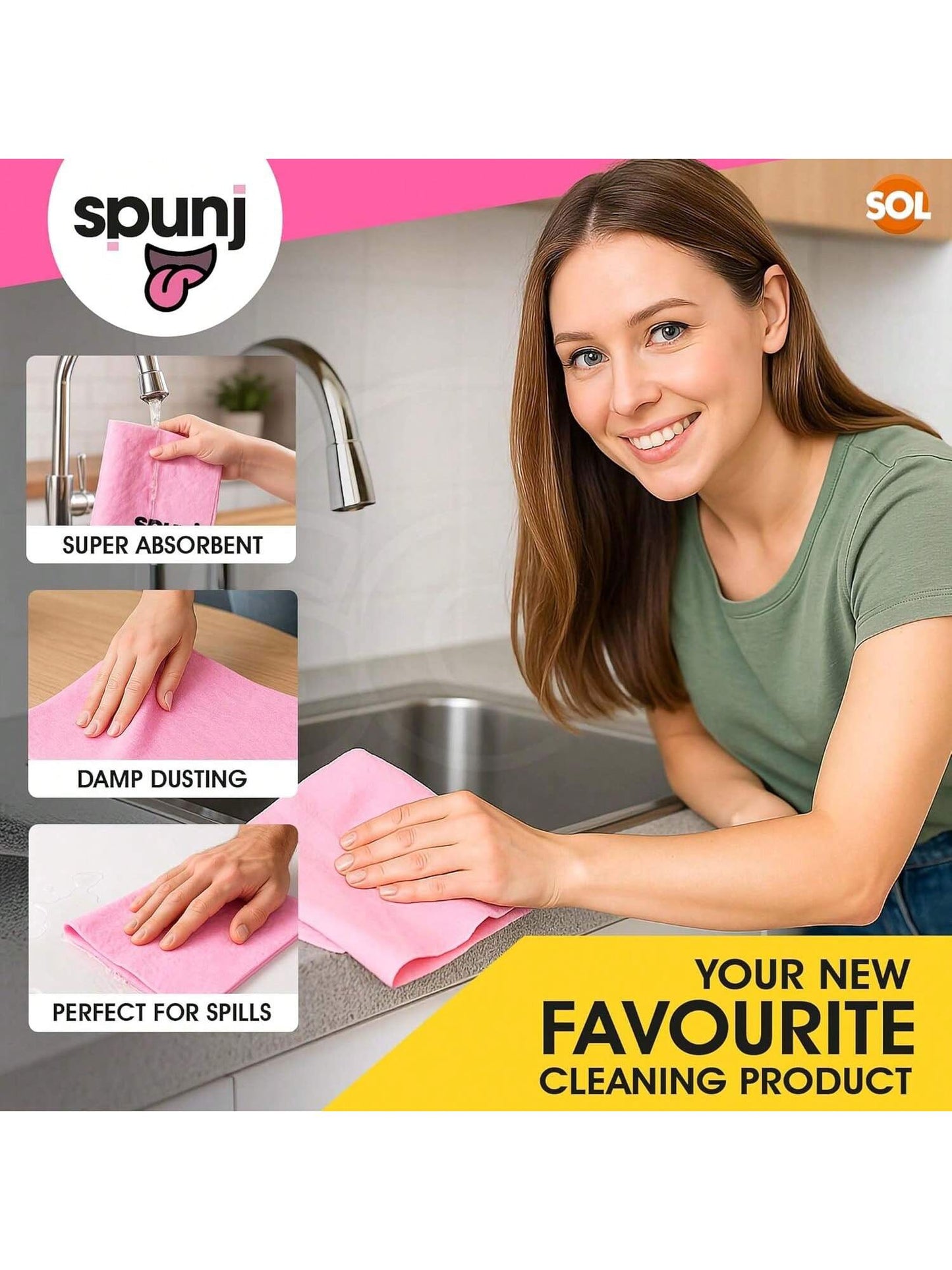 Spunj 2pk Ultra Thirsty Sponge Cloth Pink, 32x42cm Super Absorbent Cloth For Home, Holds 7x Its Weight In Water, Reusable And Durable, Ideal For Kitchen, Bathroom, And Household Cleaning