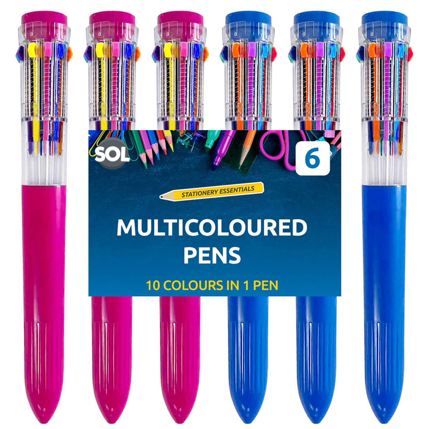 6pk Jumbo 10-in-1 Multi Colour Pens Retractable Ball Point Pen Drawing & Writing