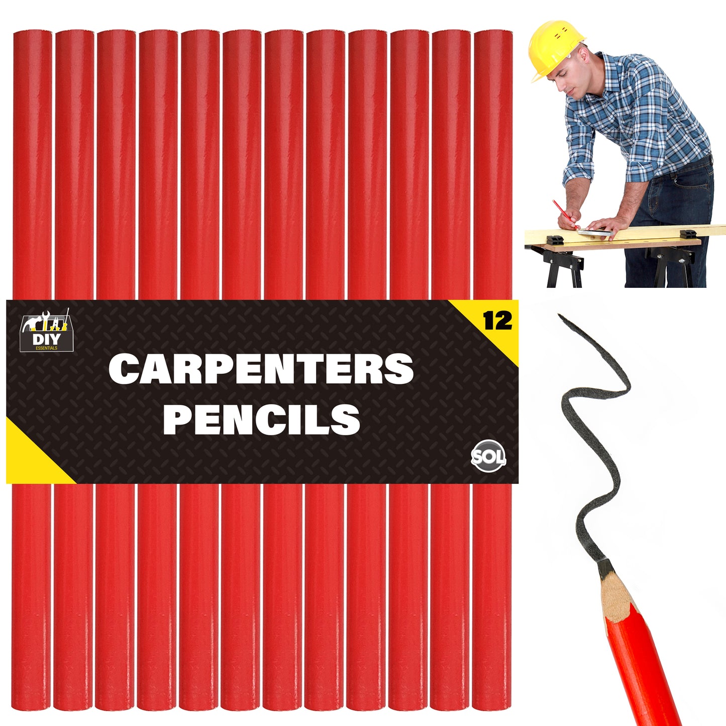 Carpenters Pencils Set | Red Joiners Wood Marking | 12 Pack