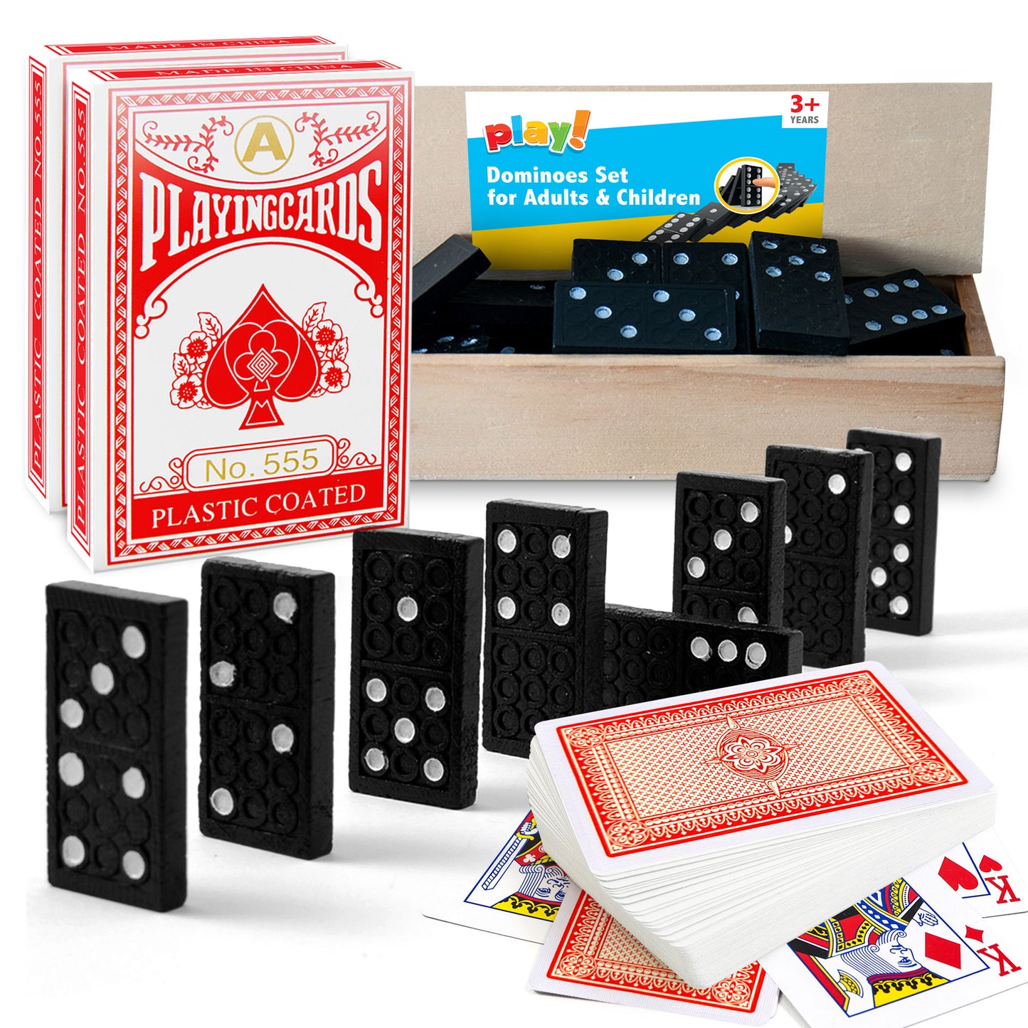 Playing Cards & Dominoes Game Set | 2 Pack Plastic Coated Cards + 28 Dominoes