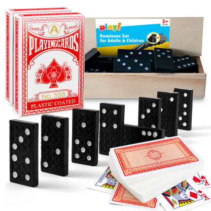 Playing Cards & Dominoes Game Set | 2 Pack Plastic Coated Cards + 28 Dominoes